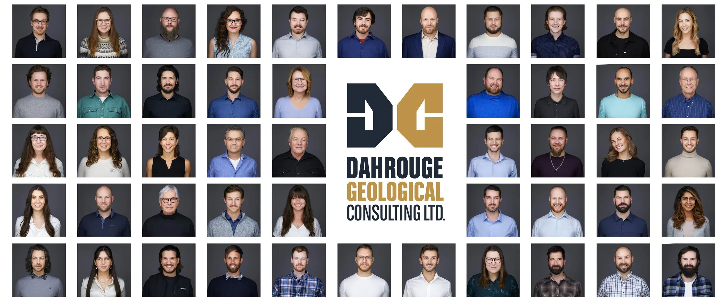 Dahrouge Geological Consulting team headshots: the staff in matched portraits on charcoal around the company logo