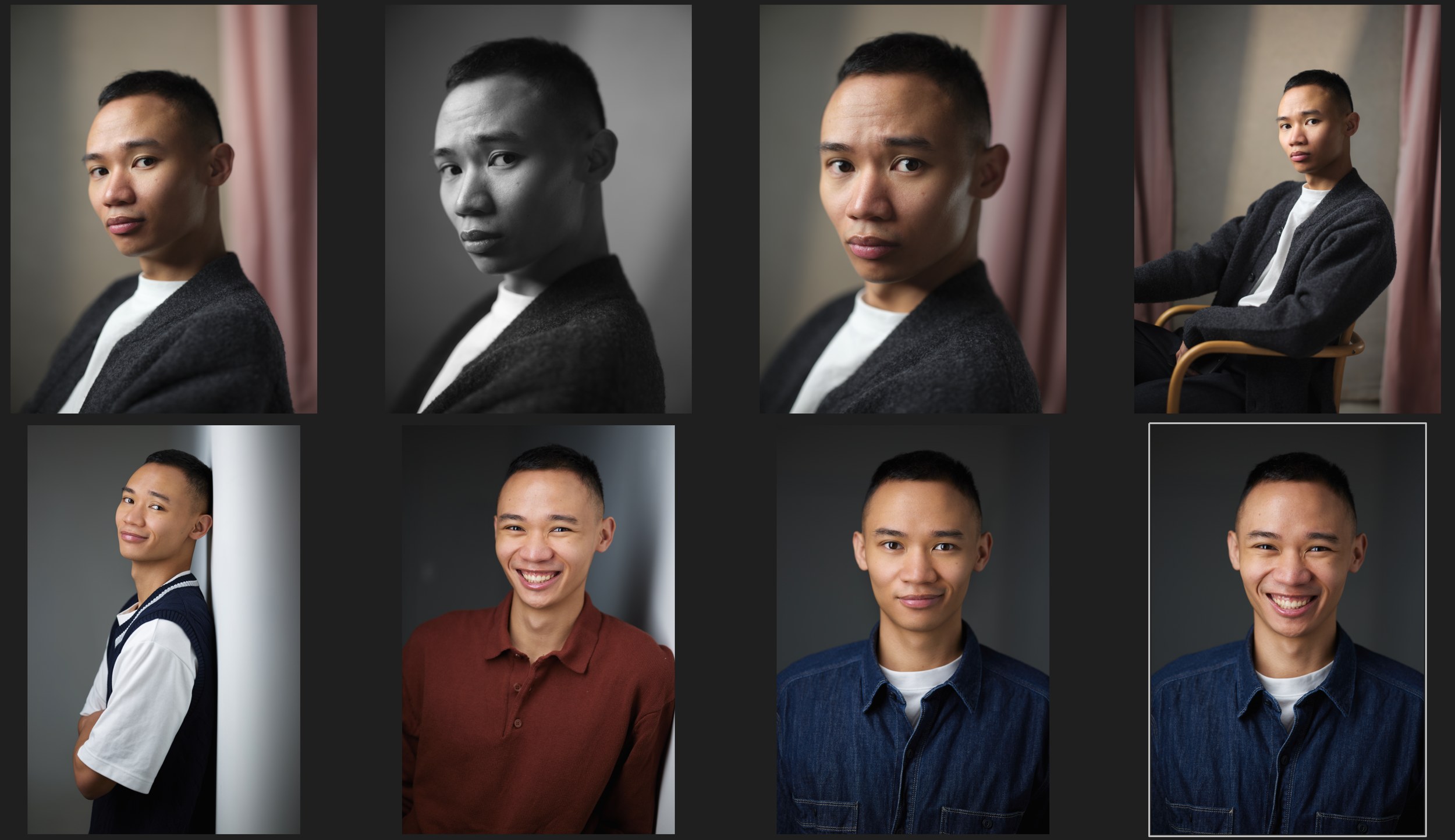 One person photographed eight ways: different backdrops, tops, colour and black and white
