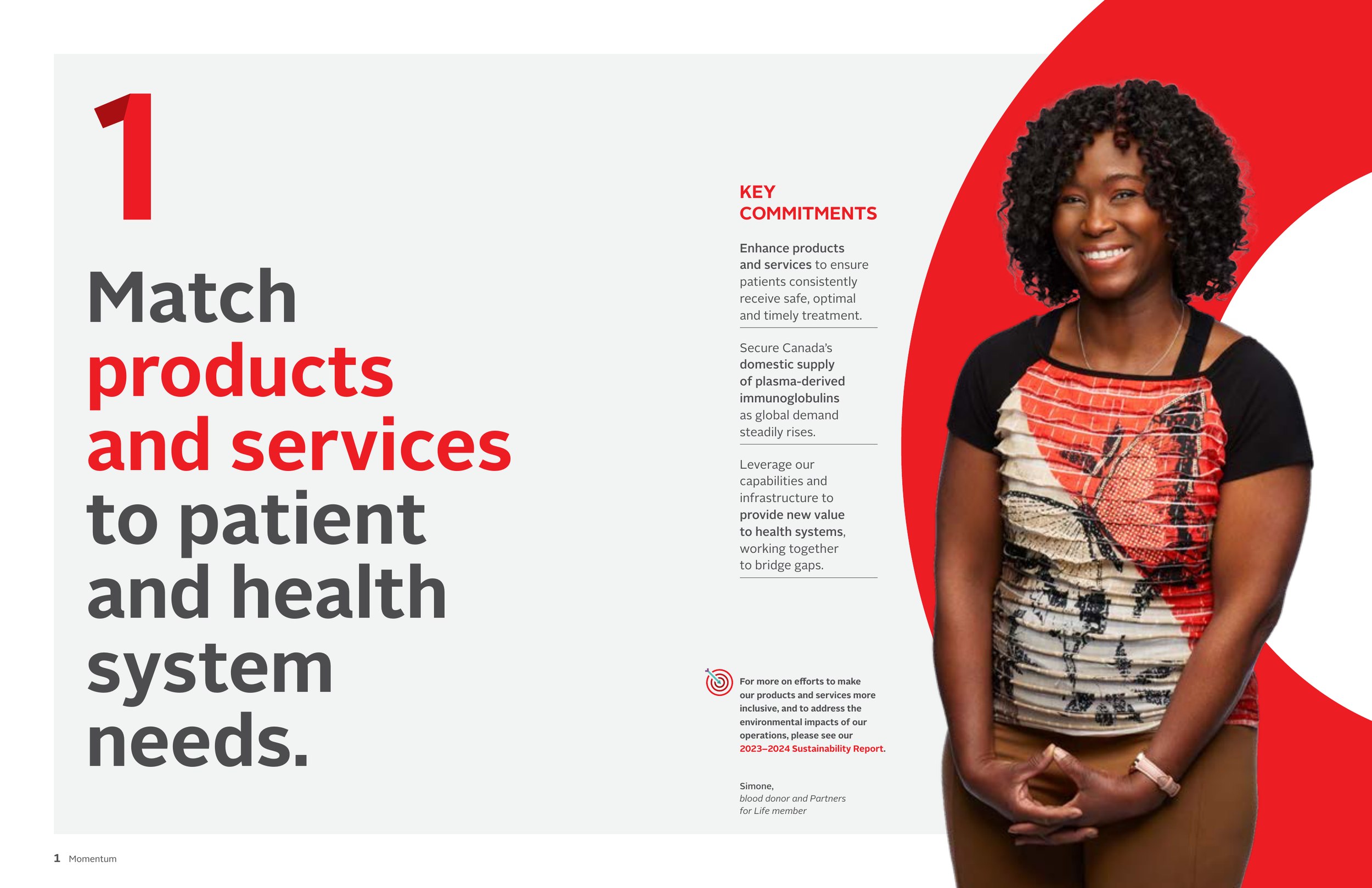 A Canadian Blood Services annual report spread, “Match products and services to patient and health system needs,” beside a portrait of a donor