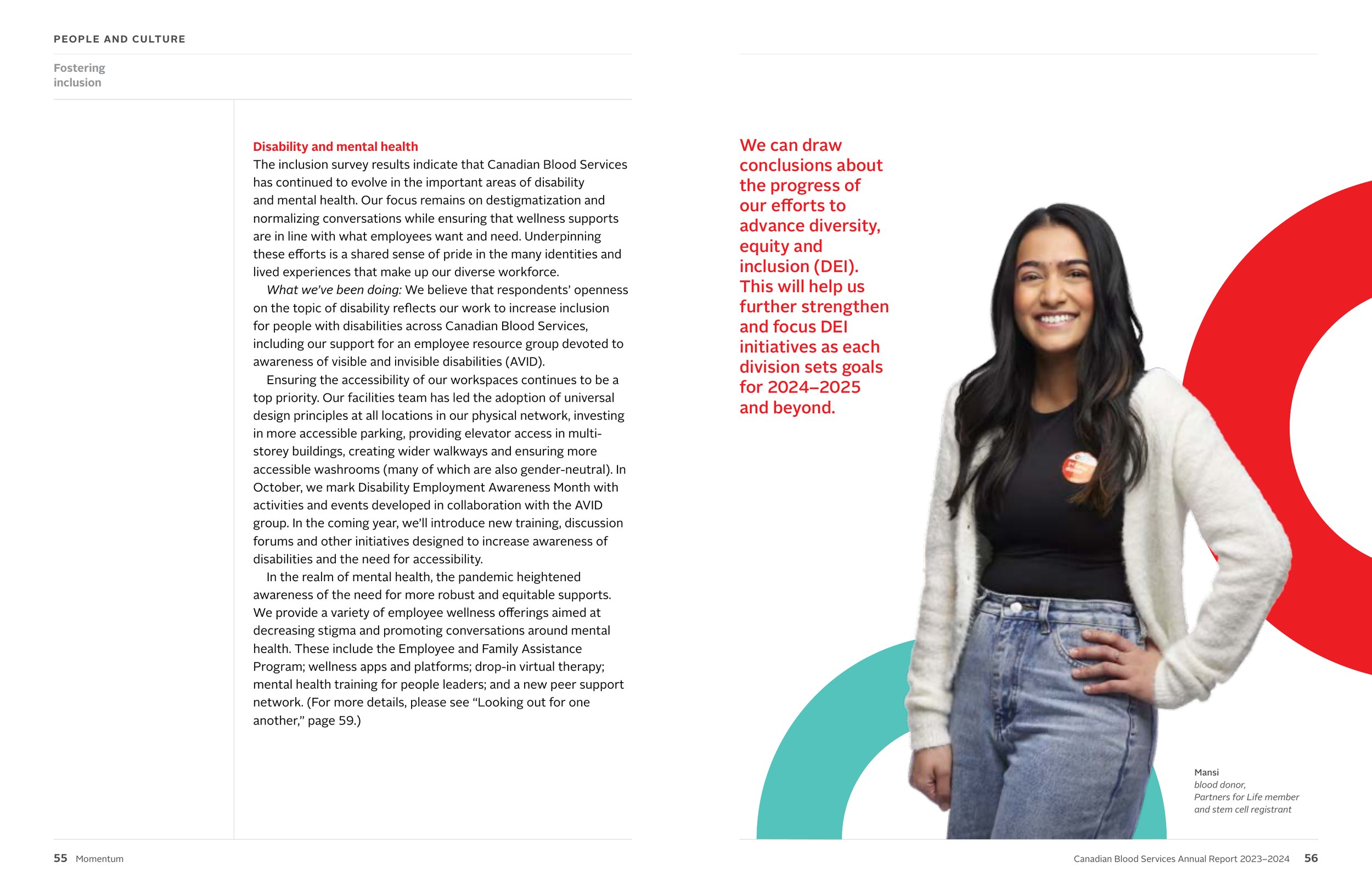 An annual report spread on diversity and inclusion, with a portrait of a donor in a white cardigan