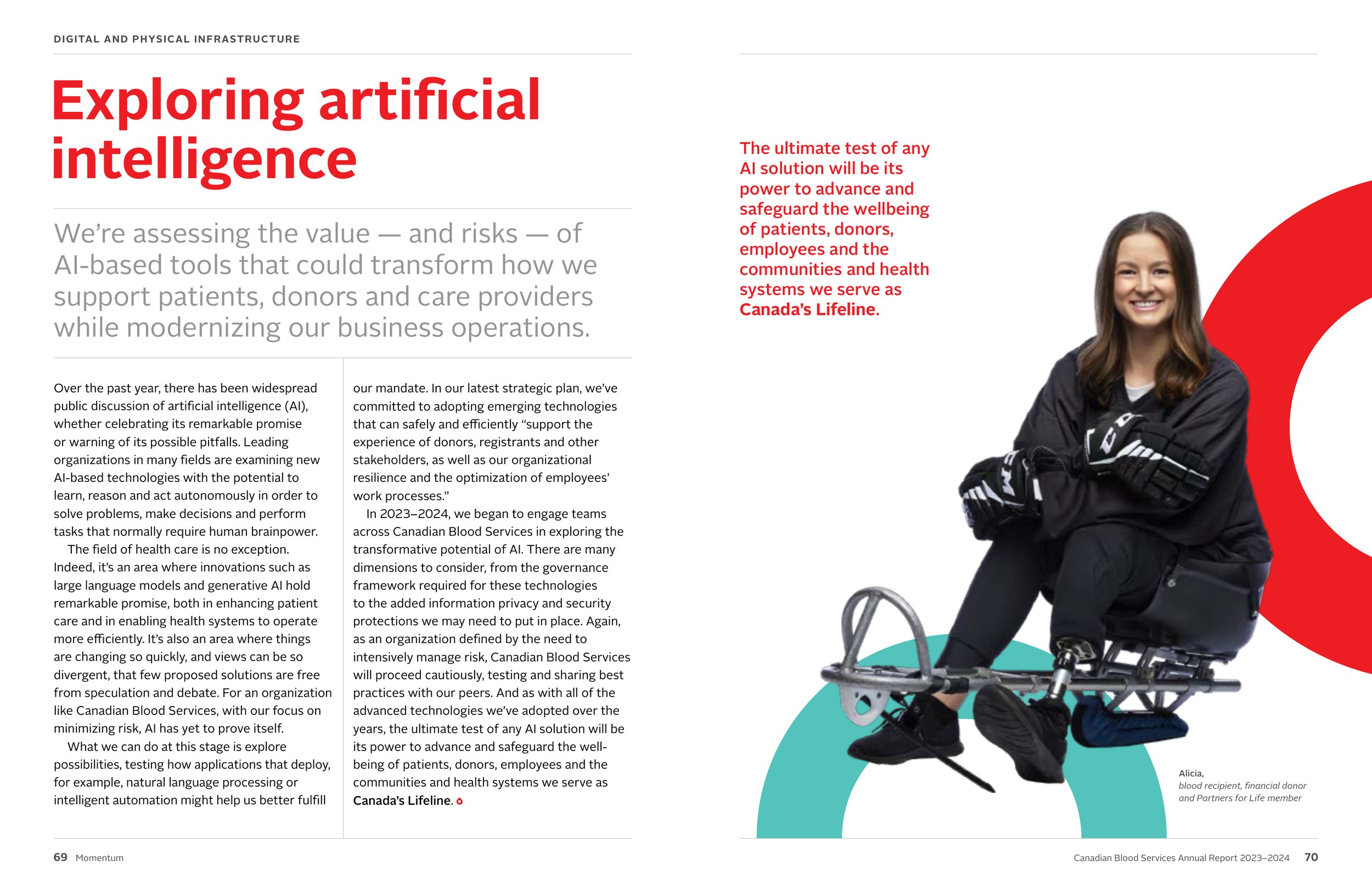 An annual report spread, “Exploring artificial intelligence,” with the cut-out of a sledge hockey player