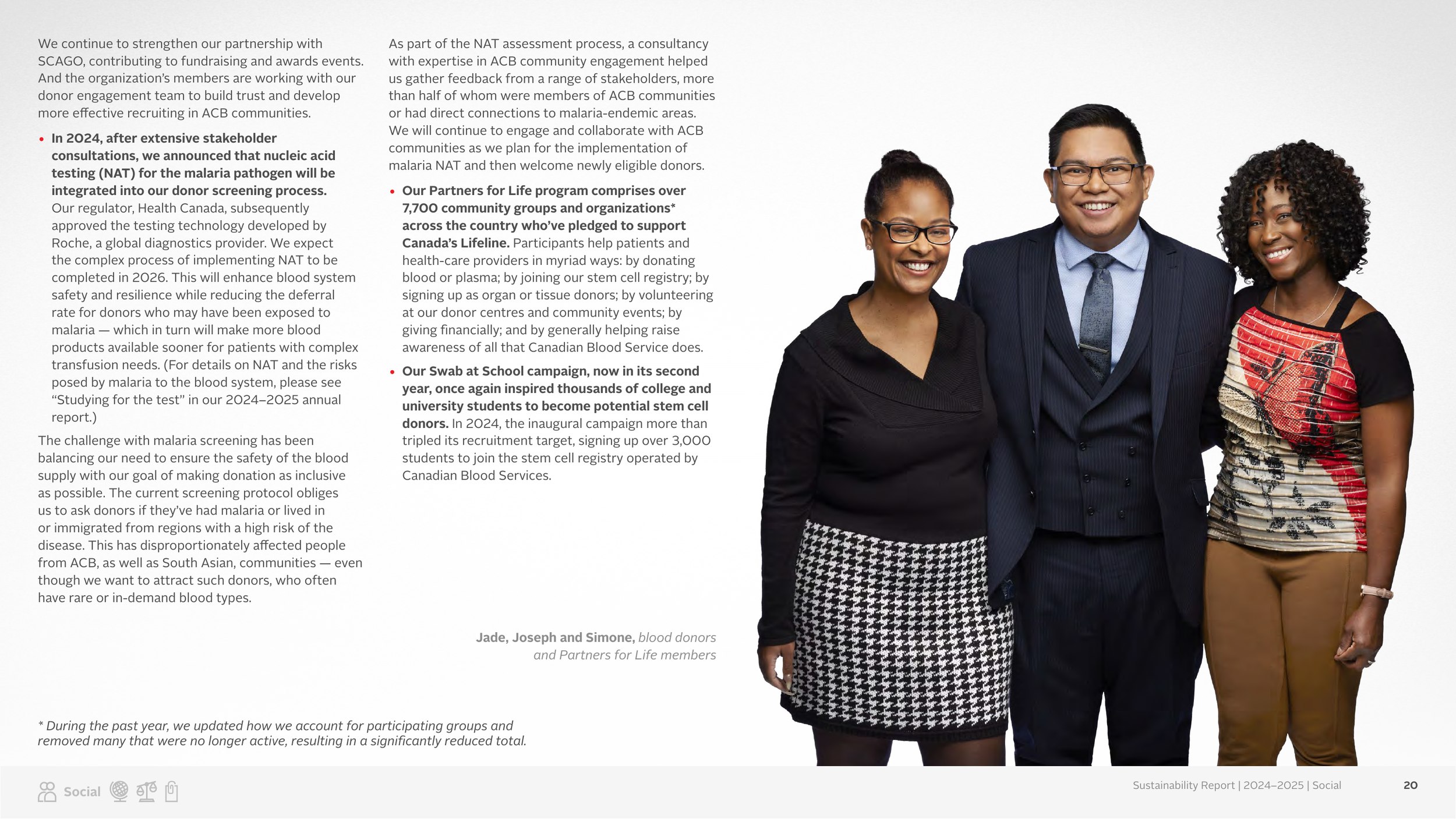 A Canadian Blood Services sustainability report spread with three donors standing together