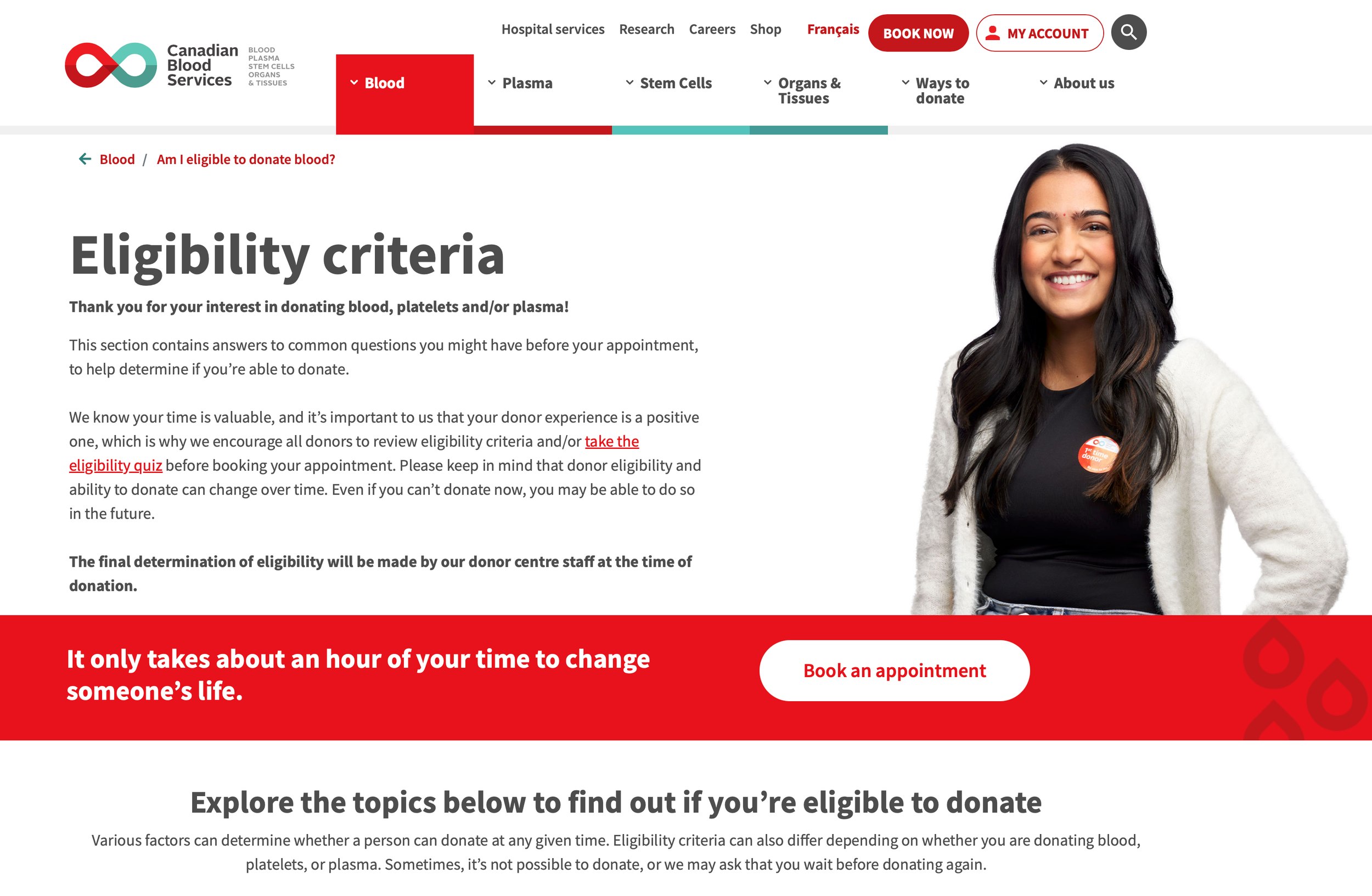 The Canadian Blood Services eligibility page, led by a portrait of a donor