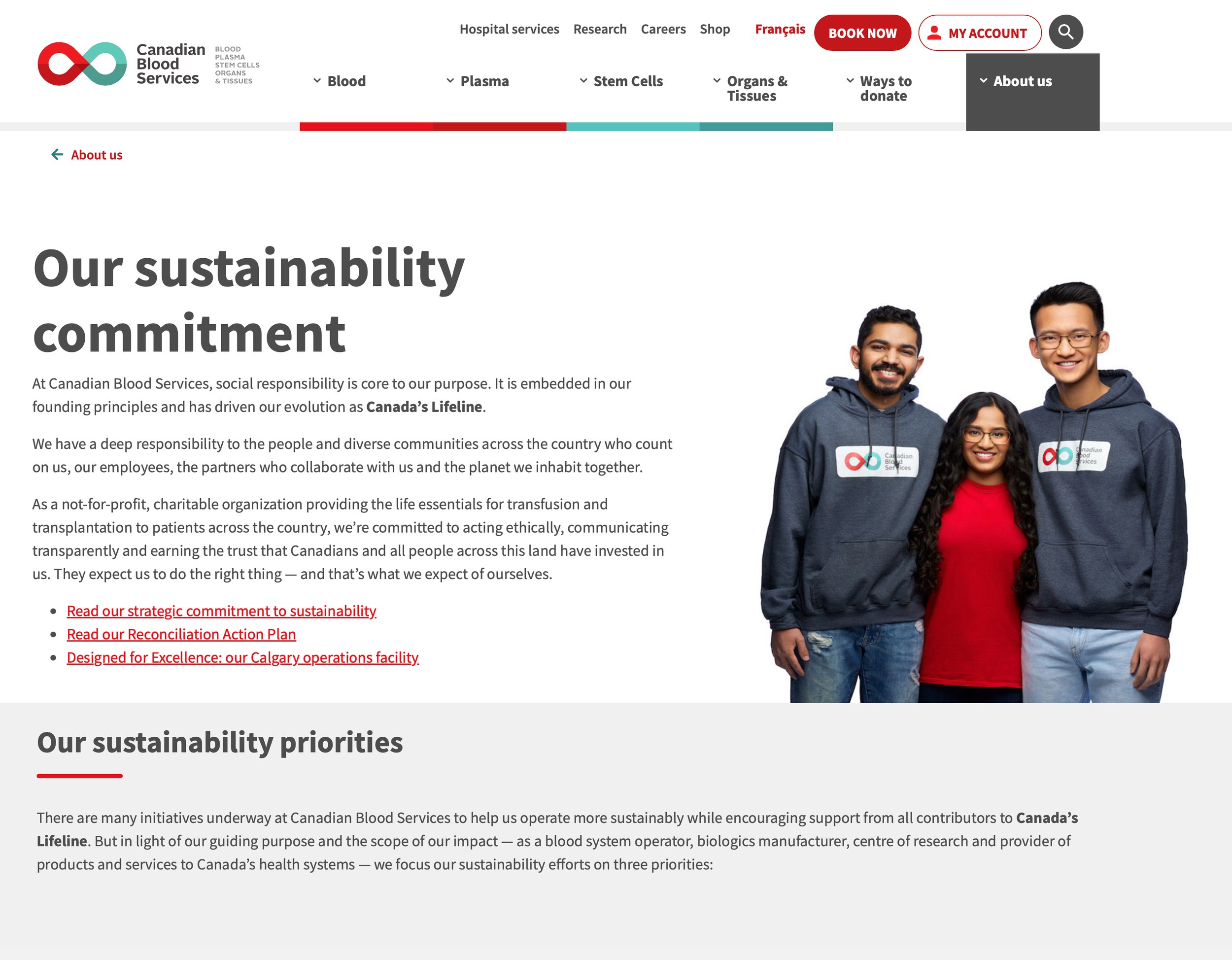 The Canadian Blood Services sustainability page, three donors in branded hoodies beside the text