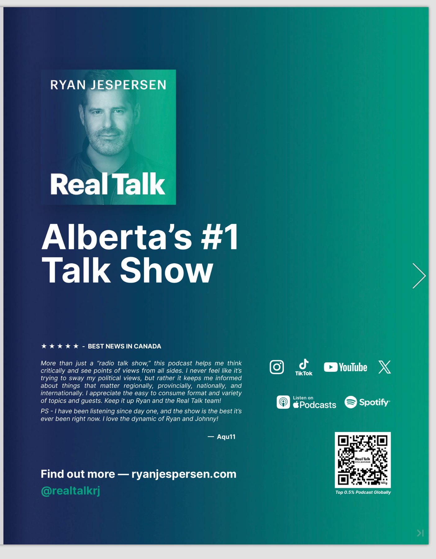 Promotional card for the Real Talk podcast with Ryan Jespersen