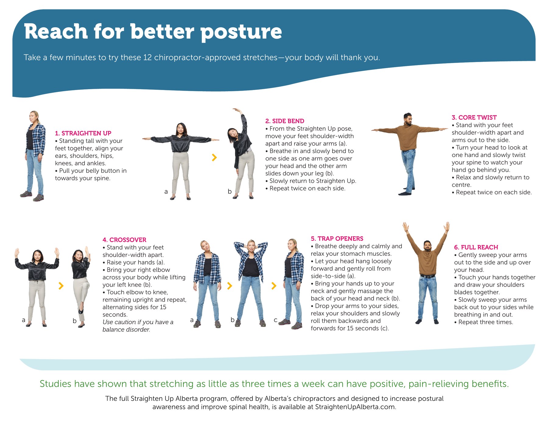 Program sheet, Reach for better posture: the first six of twelve stretches, the campaign’s cut-outs beside each step