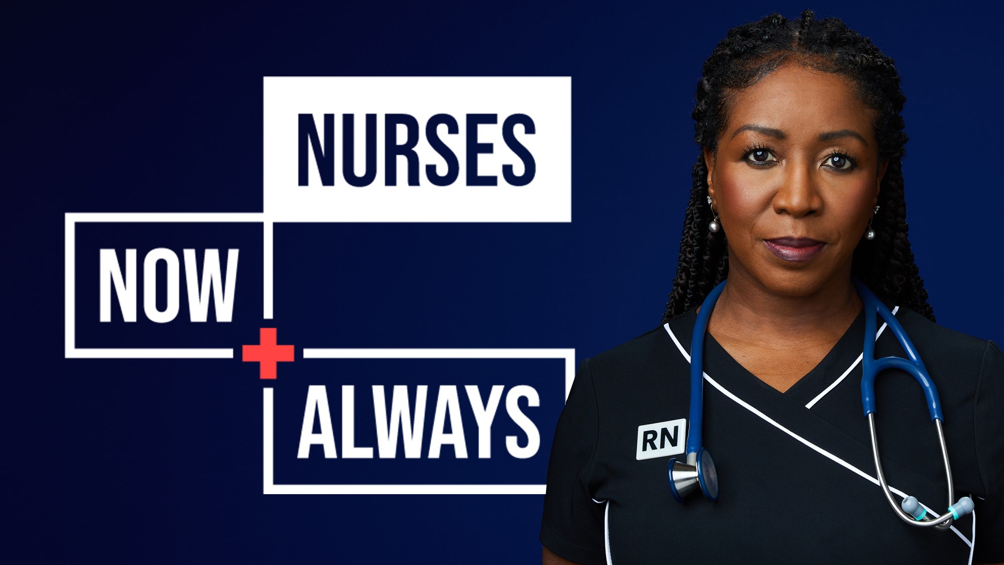 United Nurses of Alberta “Nurses Now + Always” artwork: a nurse in black scrubs with a stethoscope, on navy