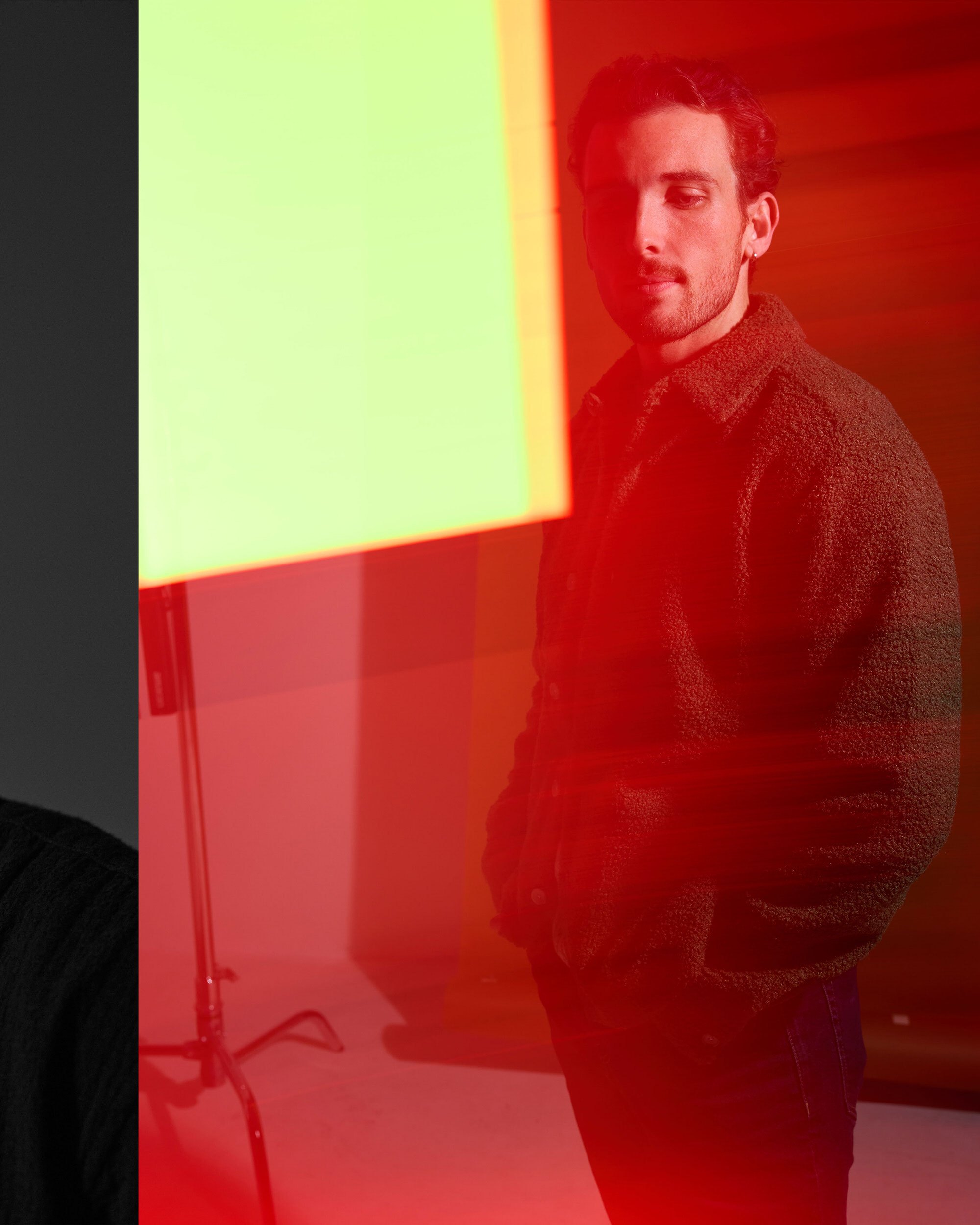 The same session under yellow and red gels, a corduroy jacket