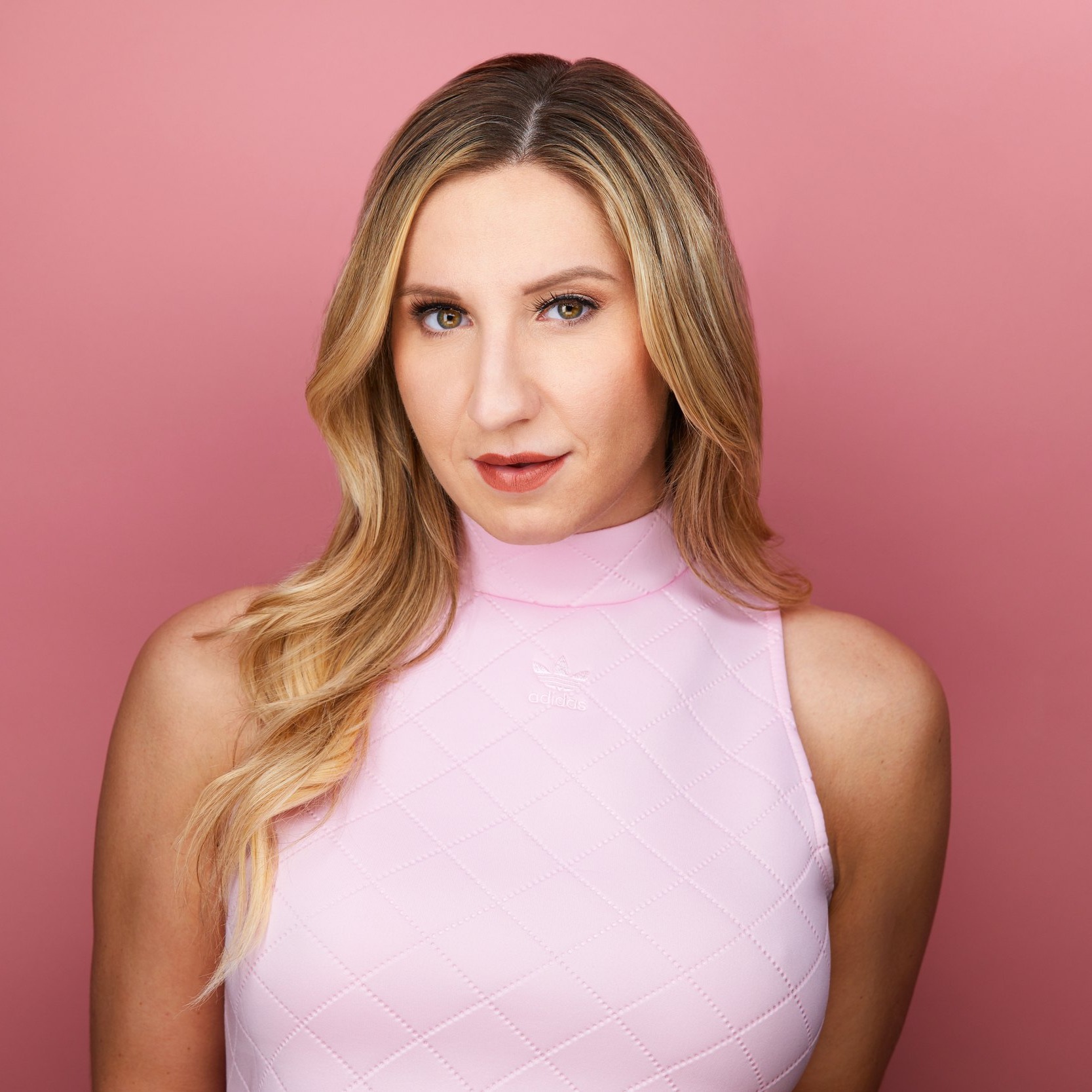 Dance headshot: a pink halter against pink