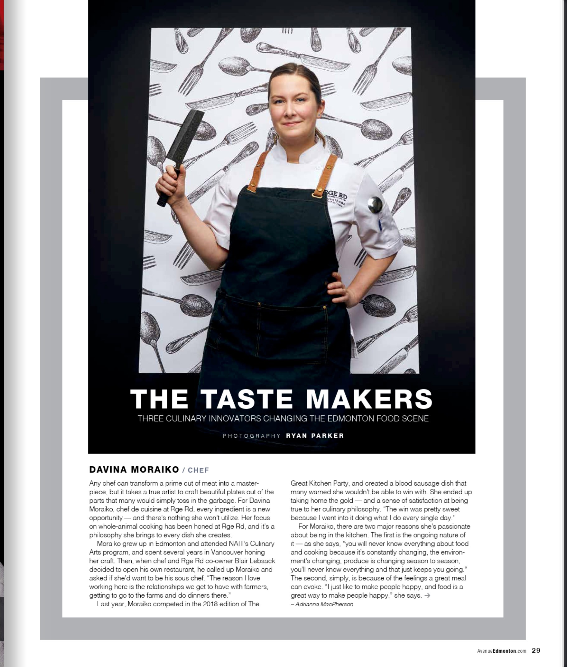 The opening page, The Taste Makers: chef Davina Moraiko in a black apron against a patterned wall