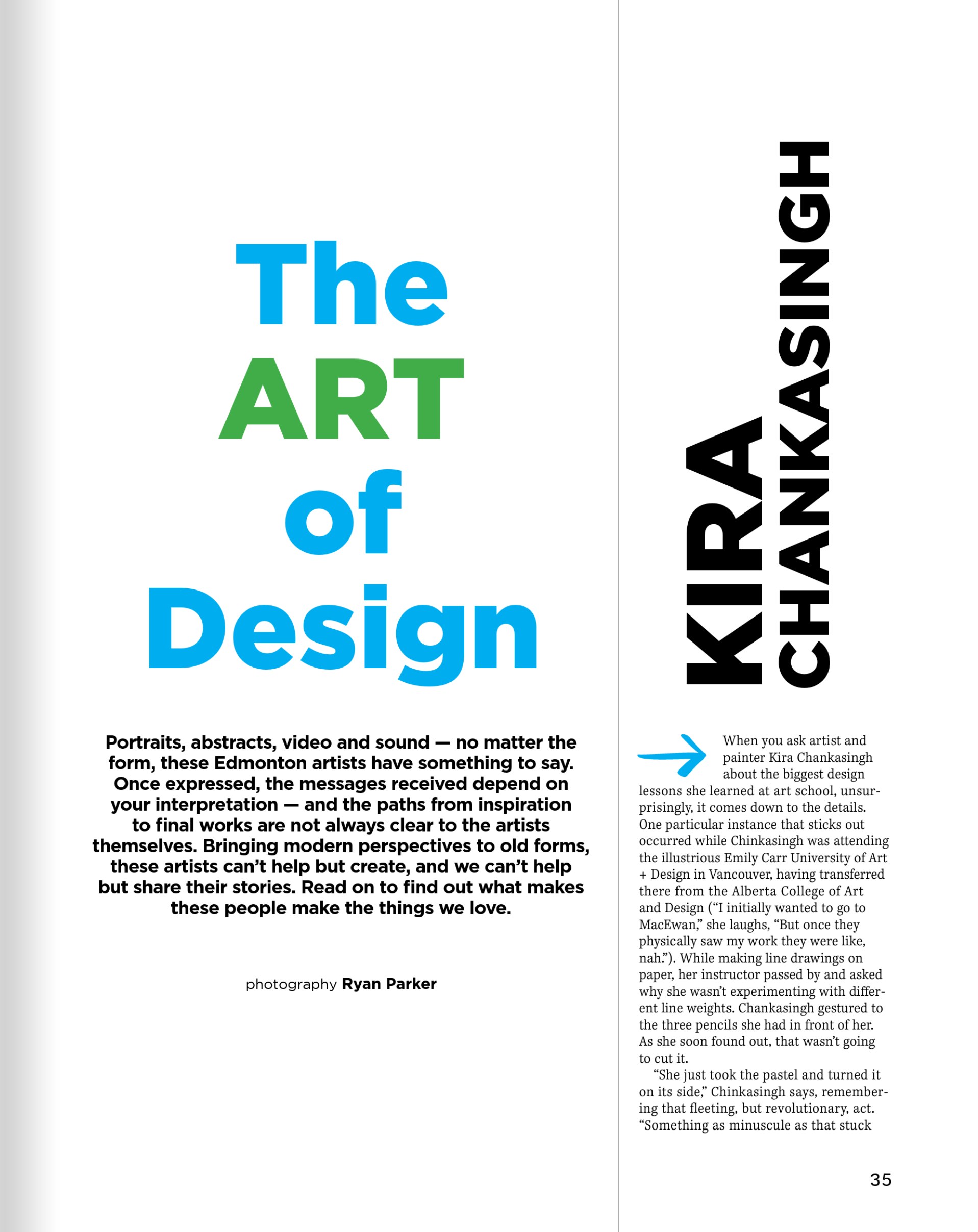 The facing page, The Art of Design, her name set on its side beside the introduction