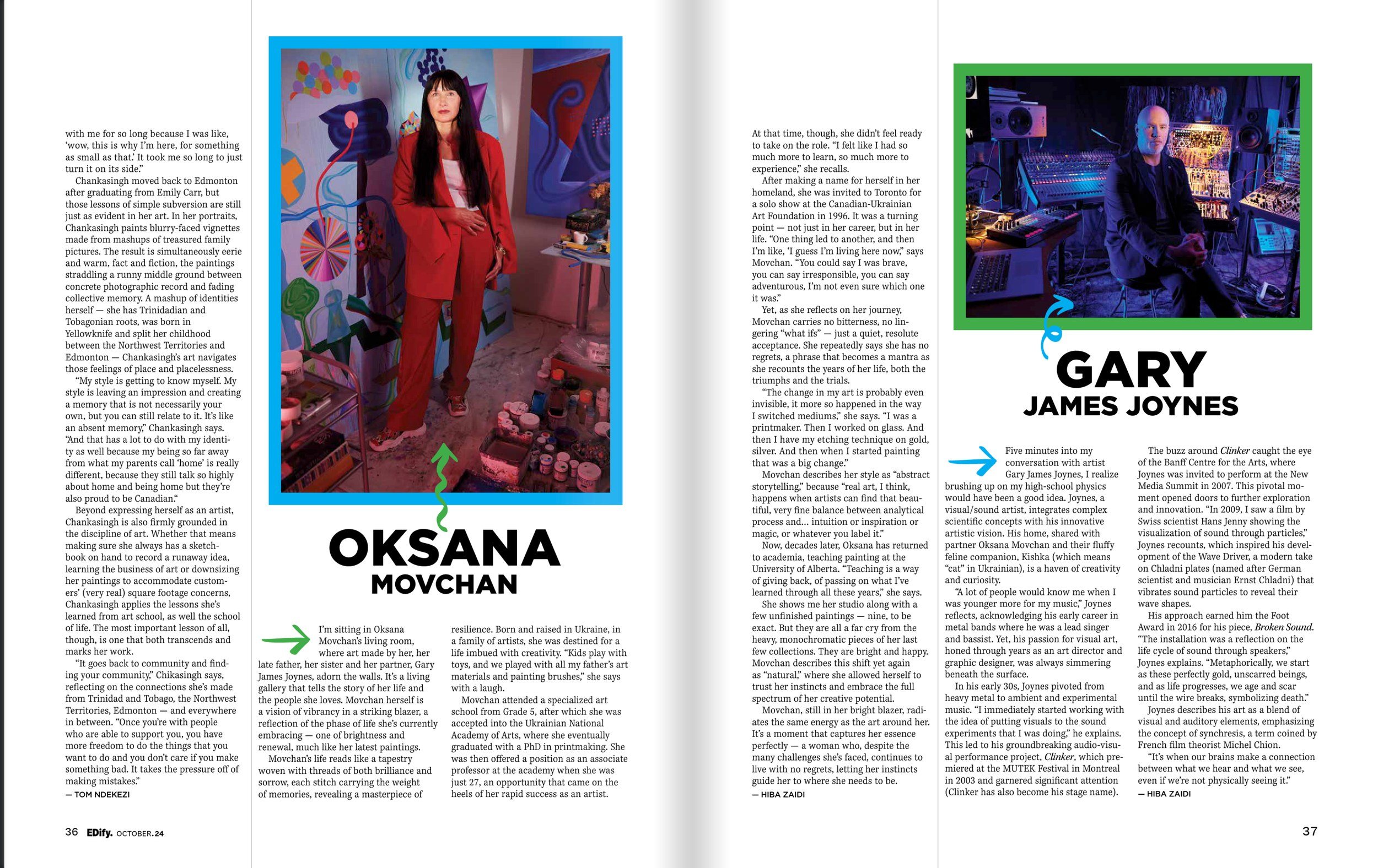 The next spread: Oksana Movchan in a red suit among her canvases, and Gary James Joynes at his synthesizers in blue light