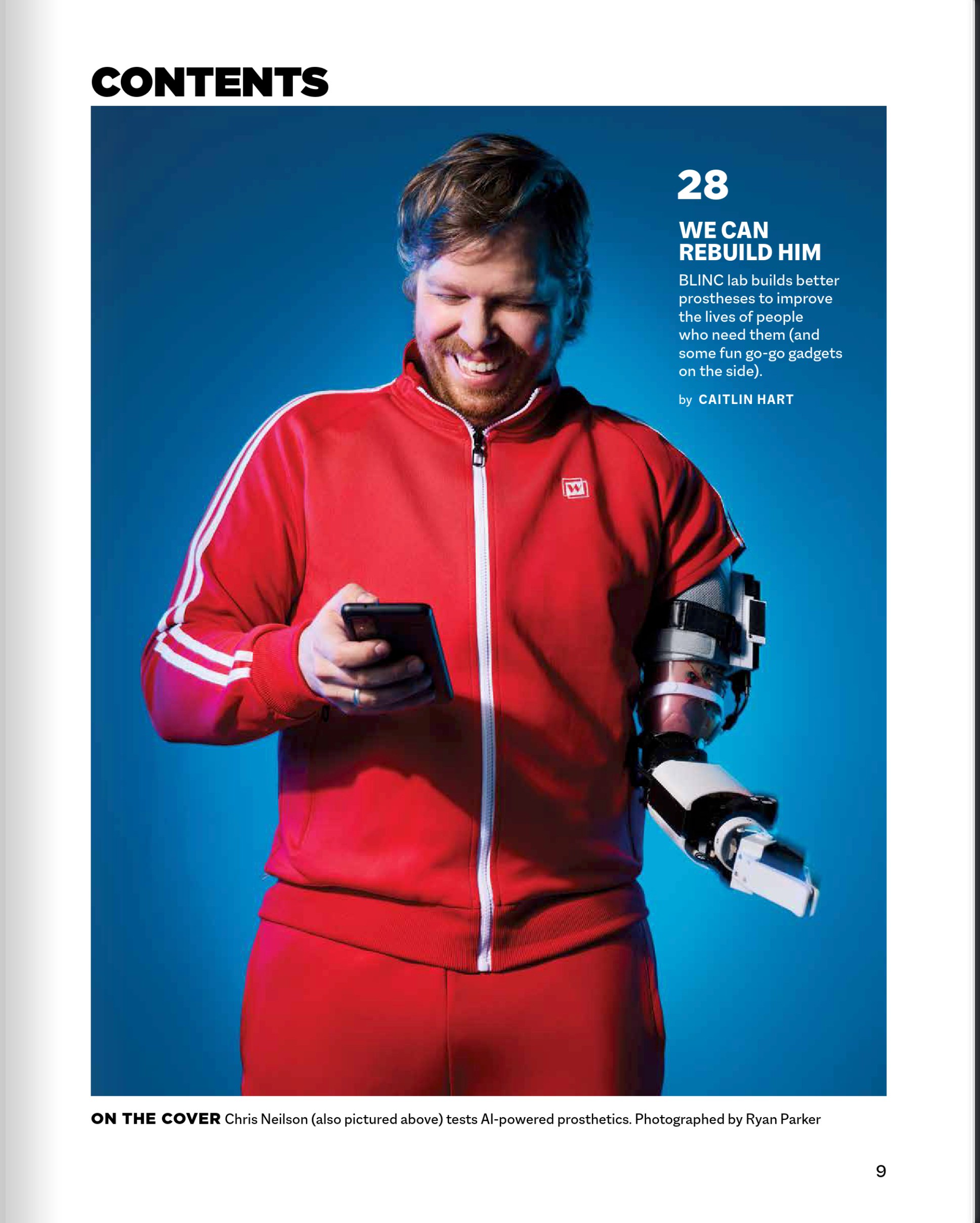 The contents page: on the cover, the same man in his red tracksuit, looking at a phone held in the prosthetic hand