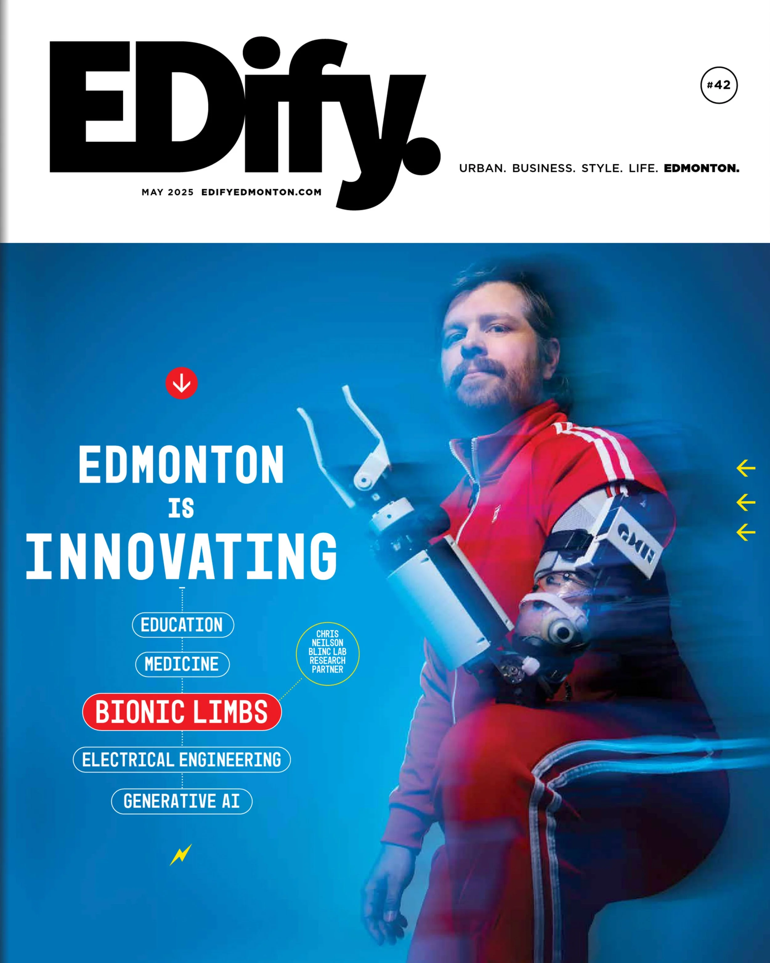 Edify magazine cover, Edmonton Is Innovating: a man in a red jacket with a bionic arm, against blue