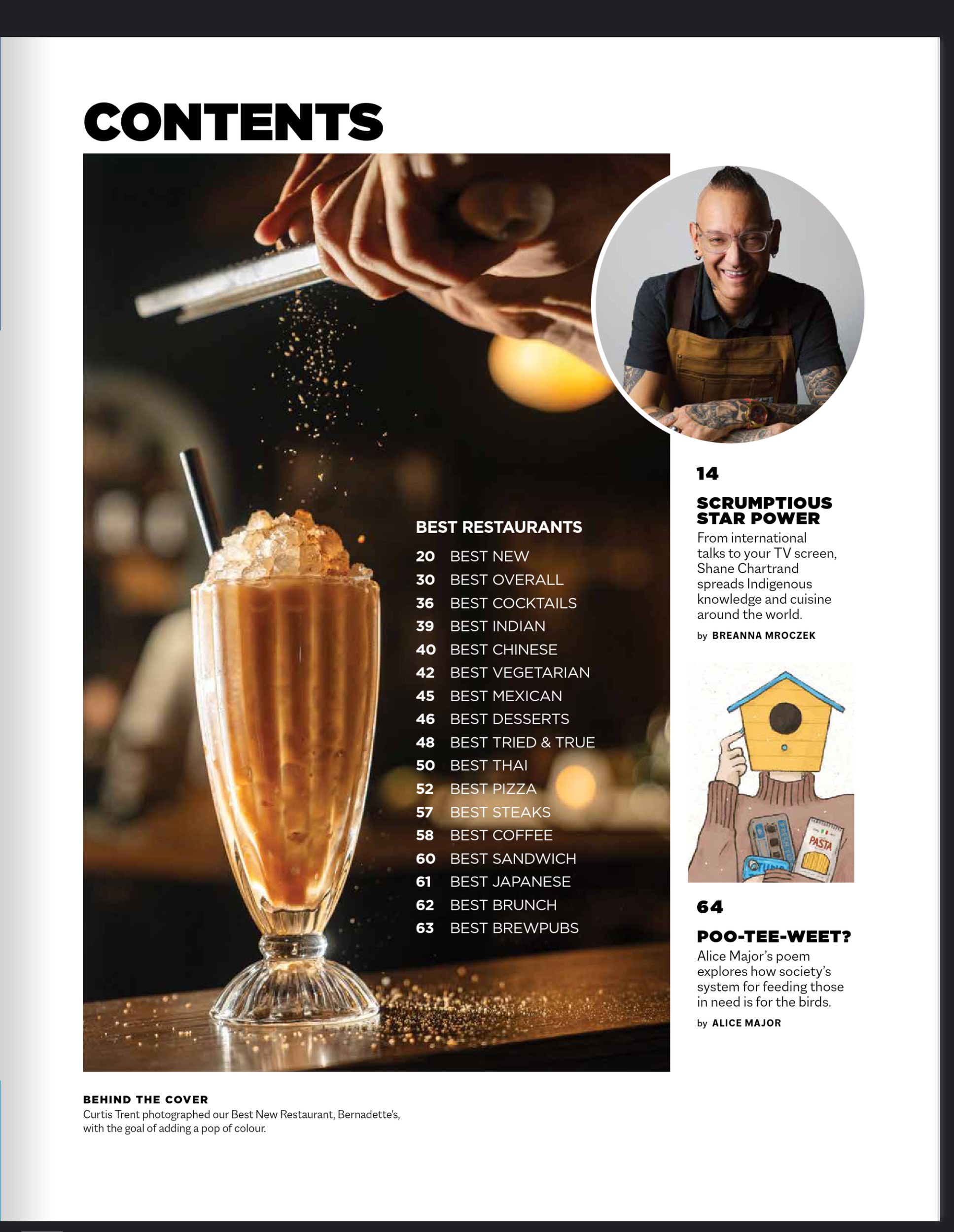 The contents page, the chef in a circular crop beside the listing