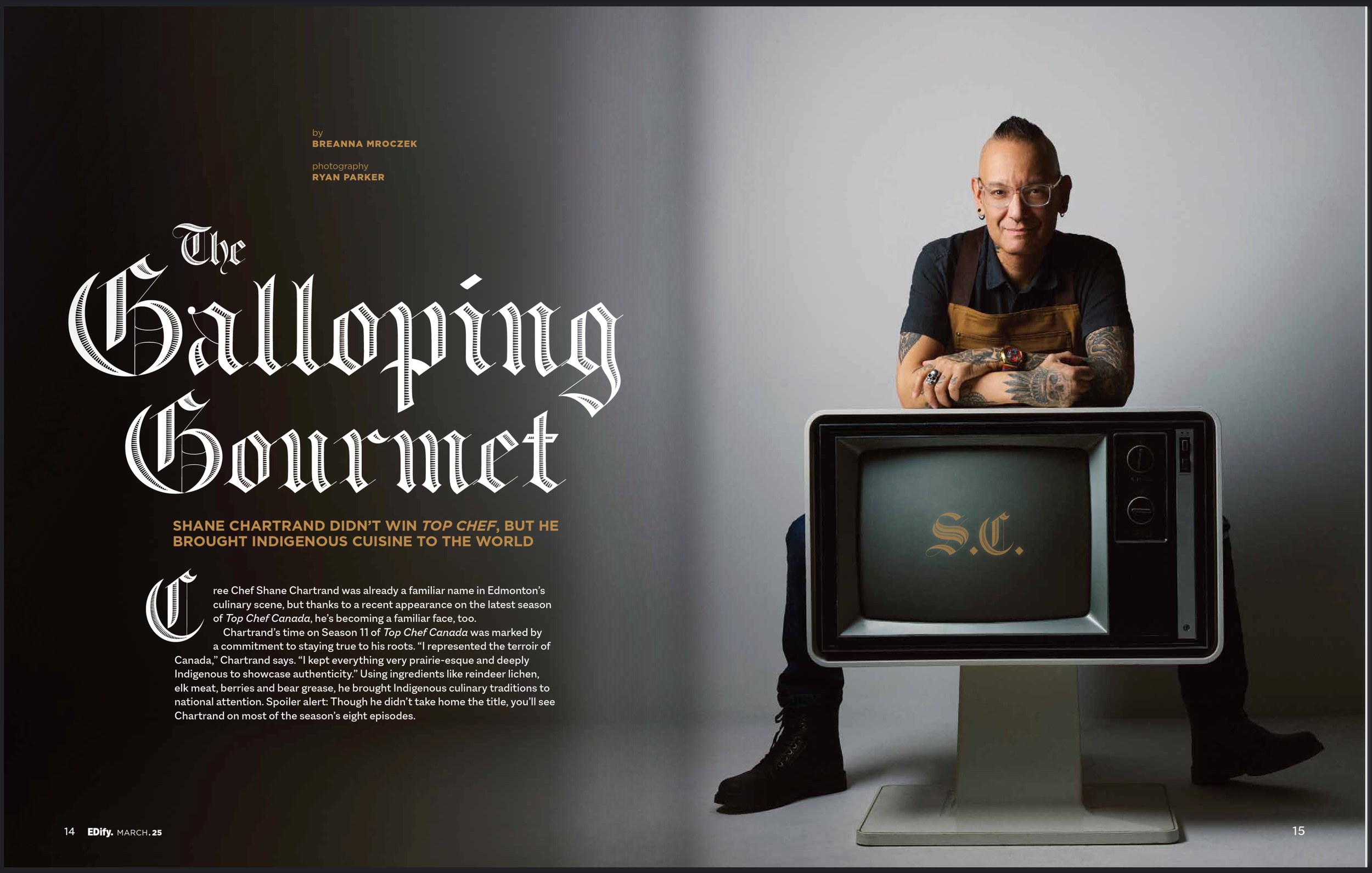 The opening spread, The Galloping Gourmet: the chef seated behind a television, his initials on the screen