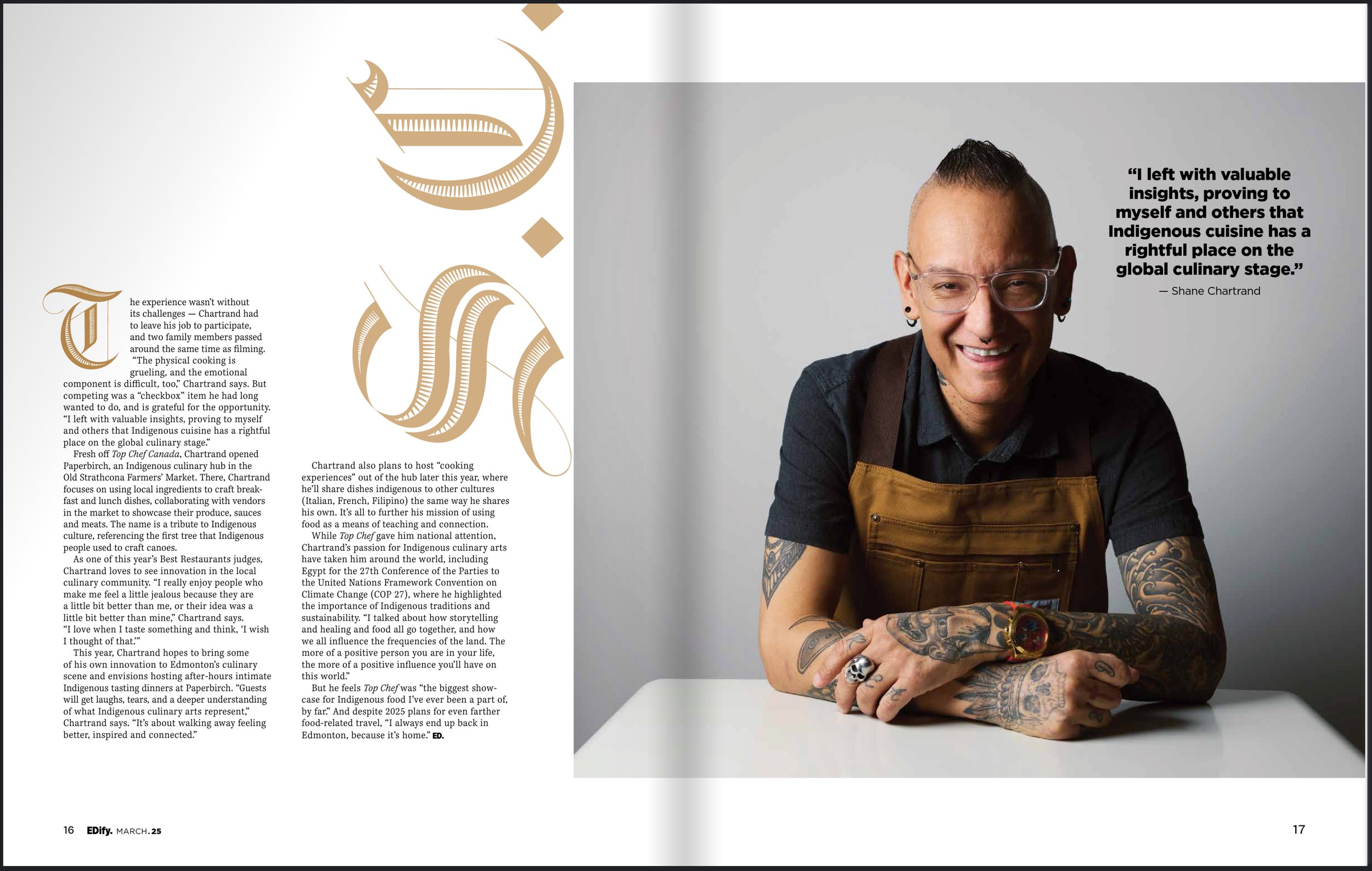 The second spread: the chef leaning on a white counter, a pull quote alongside