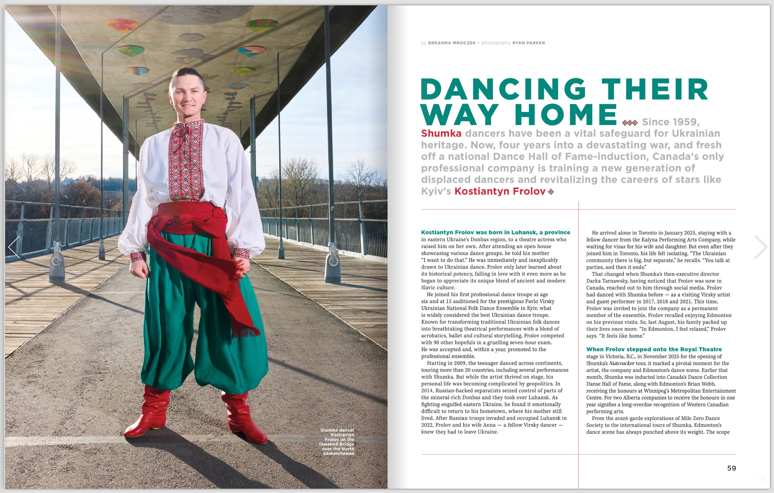 The opening spread, Dancing Their Way Home: the dancer standing the height of the page