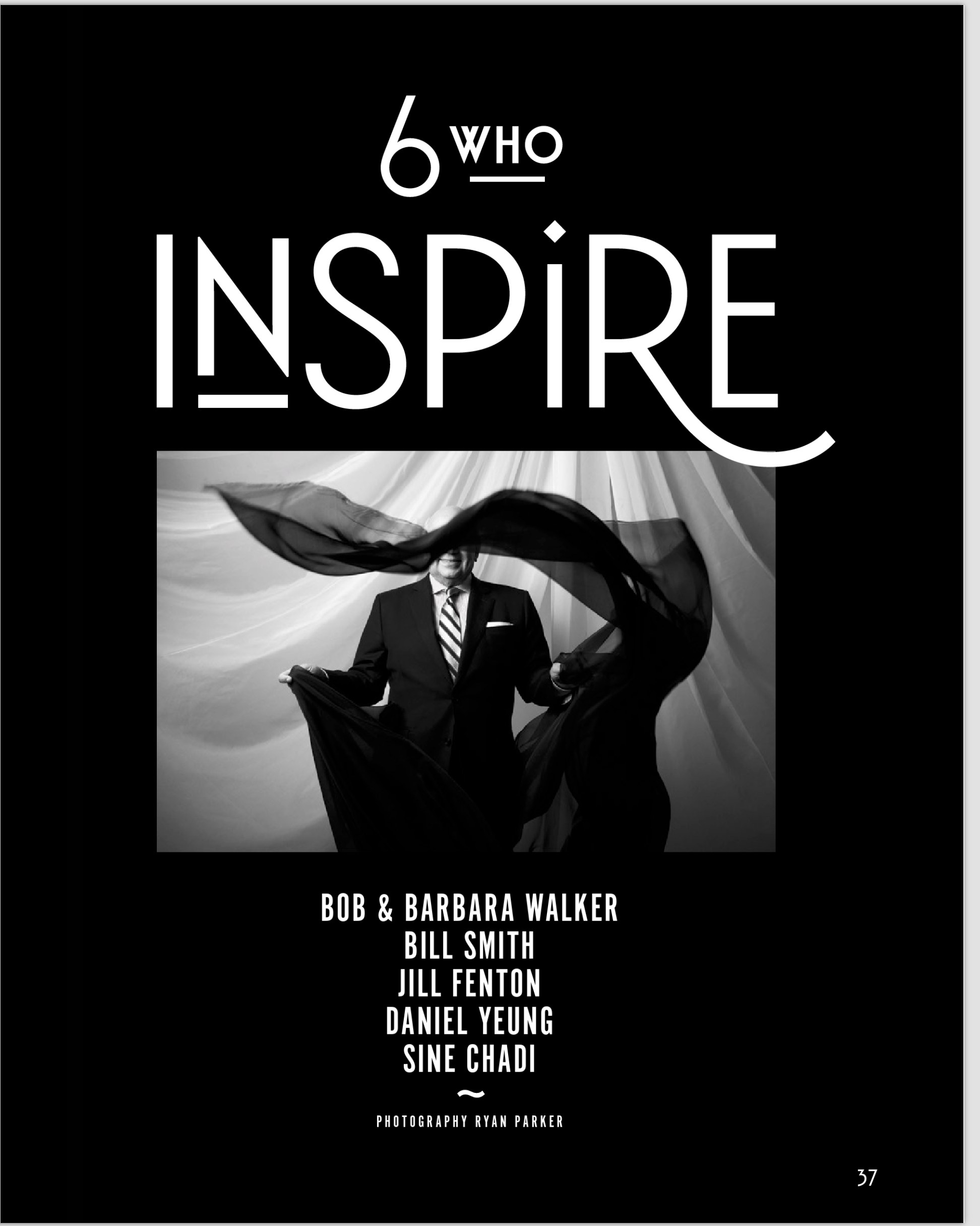 The opening page: 6 Who Inspire, a figure under a sweep of black cloth, the six names listed beneath