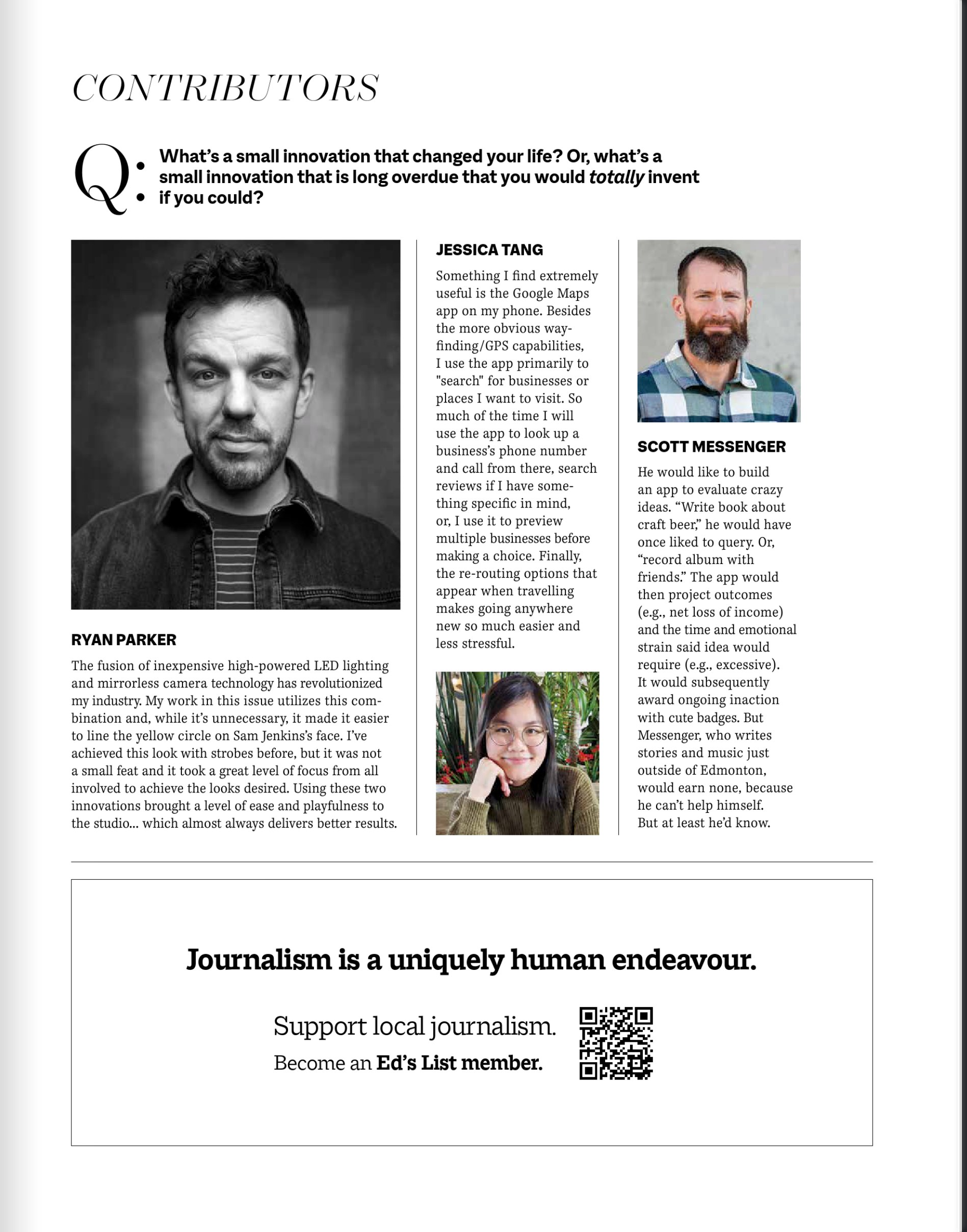 The contributors page, Ryan’s portrait and his note on lighting Sam Jenkins among the others