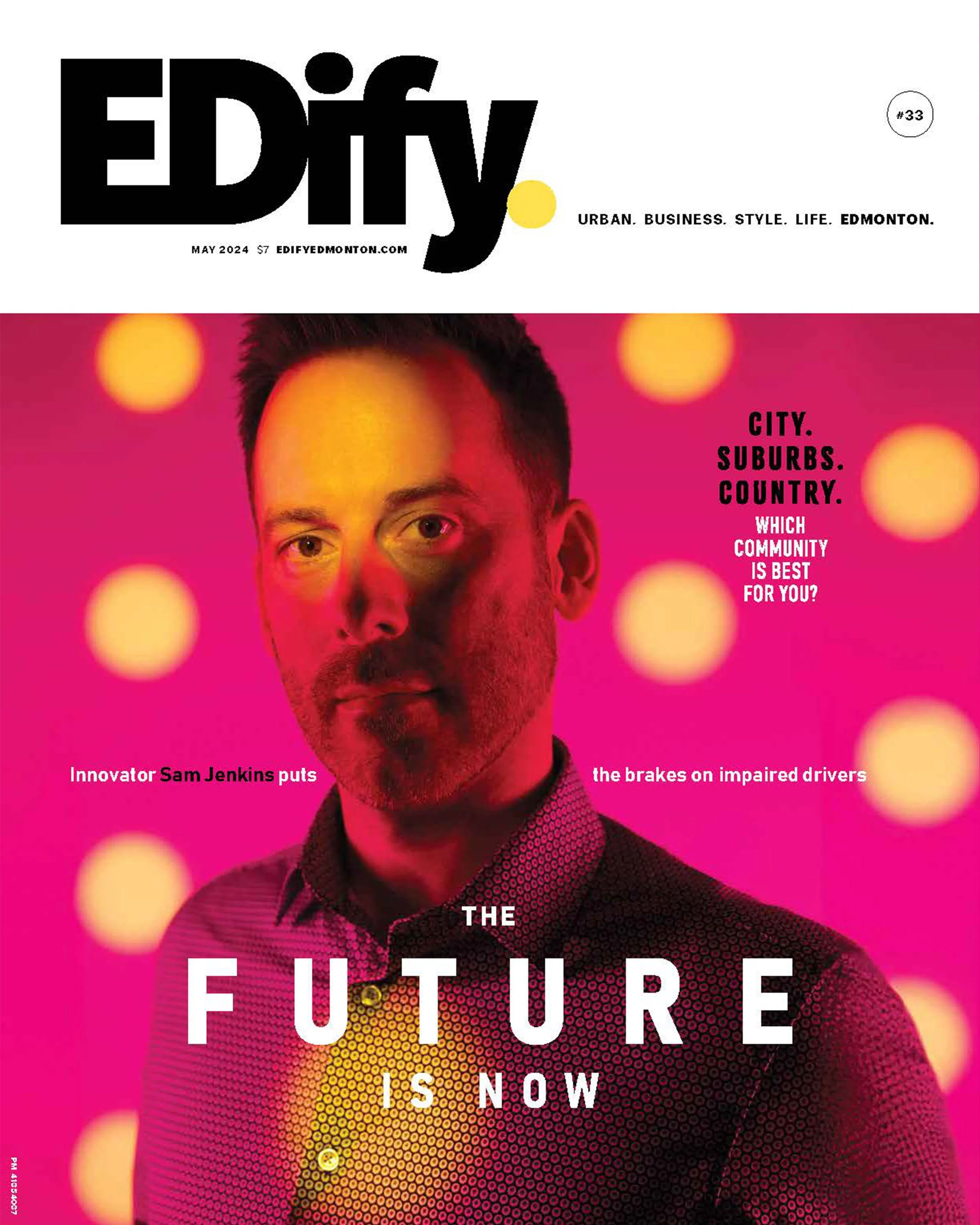 Edify magazine cover, The Future Is Now: a man in a dark shirt lit in pink and yellow dots