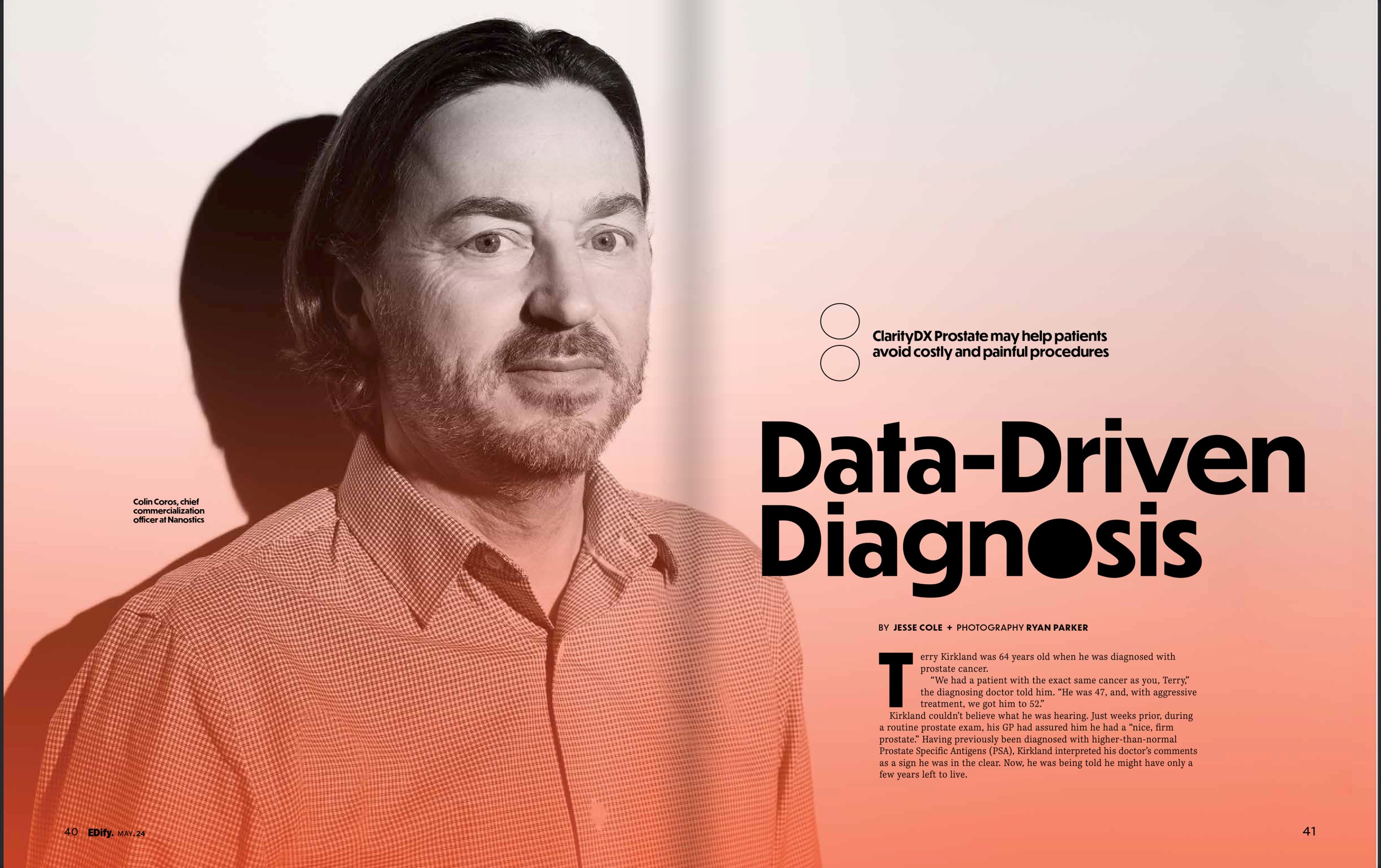 The feature spread, Data-Driven Diagnosis: Colin Coros of Nanostics against peach, a hard shadow behind him