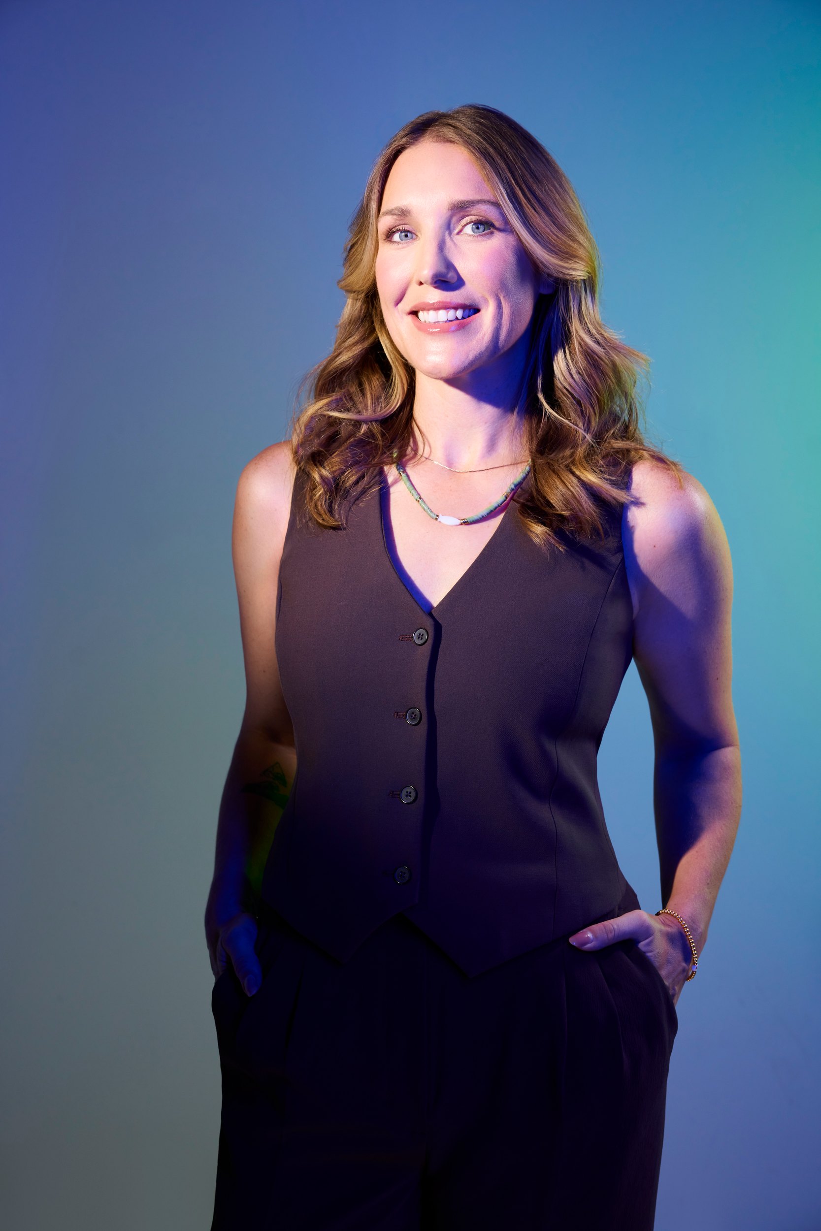 Laura Swain again, lit warmer against the same blue