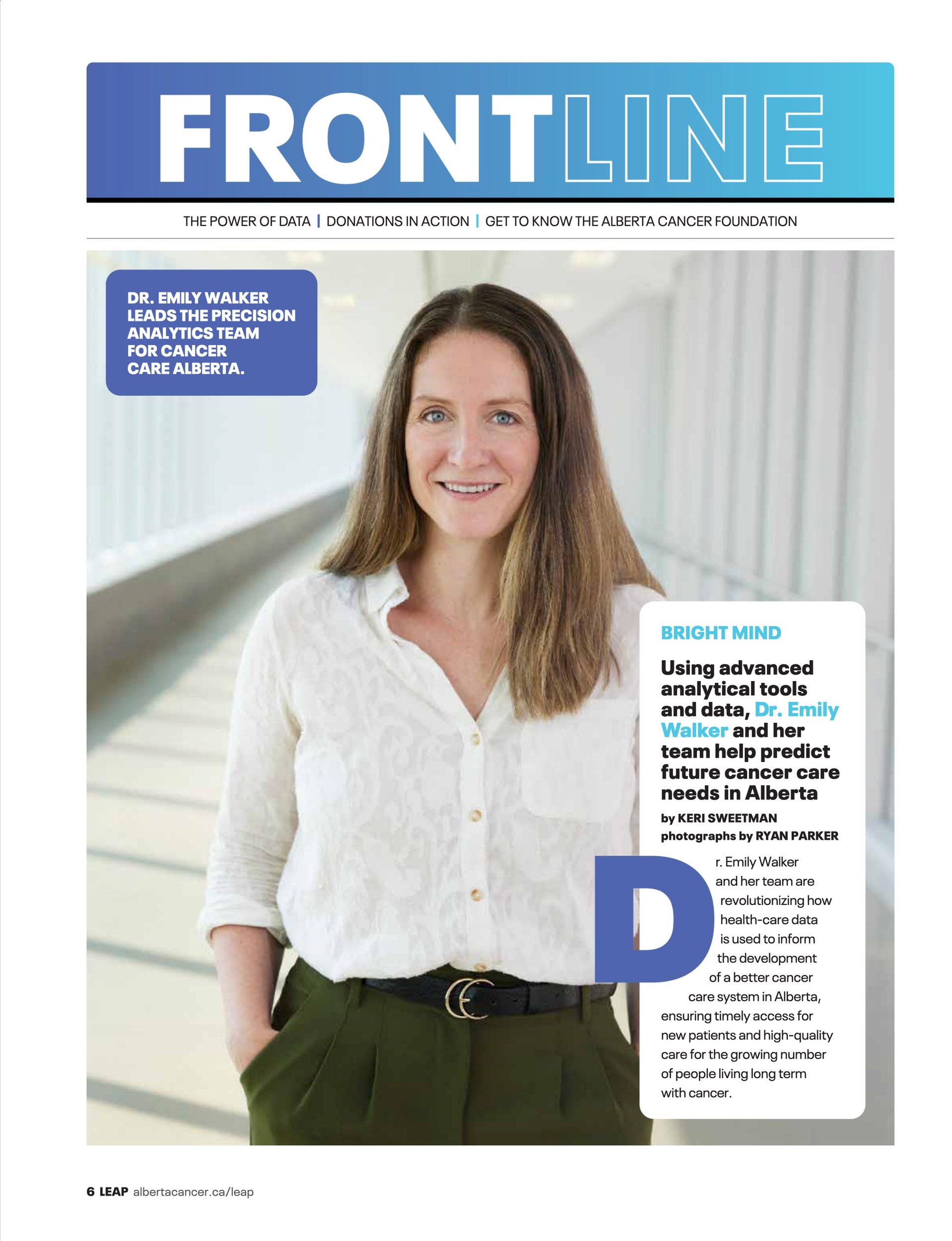Leap’s Frontline opener: Dr. Emily Walker in a white blouse in a glass corridor, the story beside her