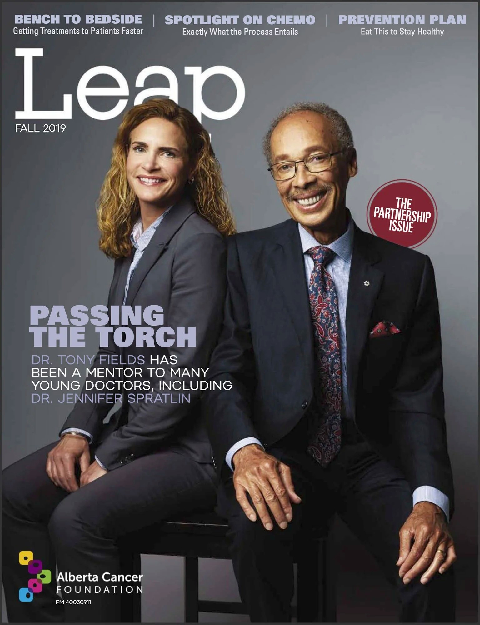 Leap magazine, Fall 2019: the cover, two physicians seated together, one in a red jacket