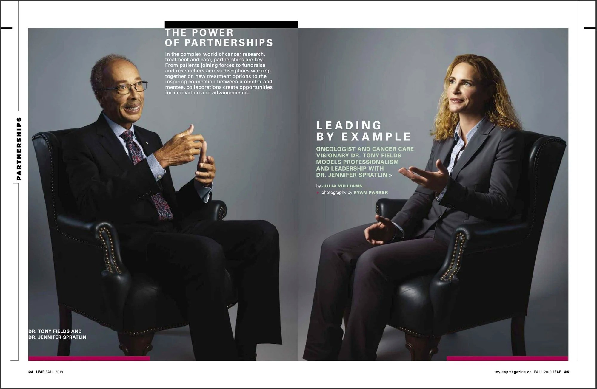 The feature spread: the two physicians in armchairs, the story alongside