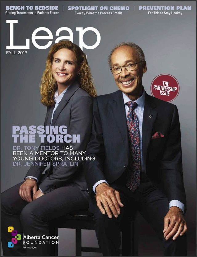 Leap magazine, Fall 2019: the cover, two physicians seated together, one in a red jacket