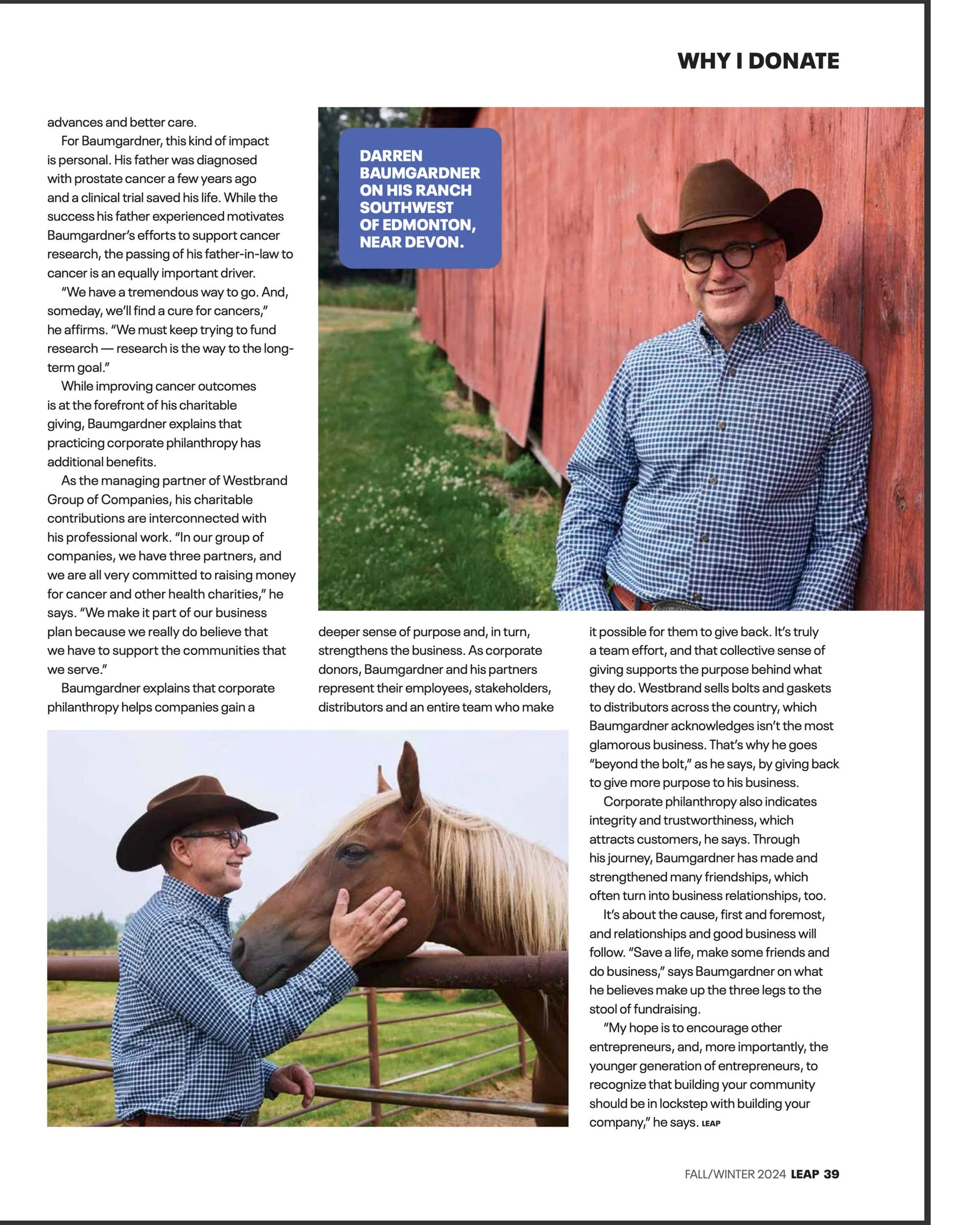 The second page, Why I Donate: Darren Baumgardner against a red barn, and with his horse