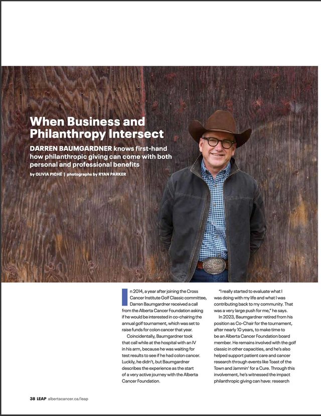 The opening page, When Business and Philanthropy Intersect: Darren Baumgardner in a cowboy hat against a weathered wooden wall