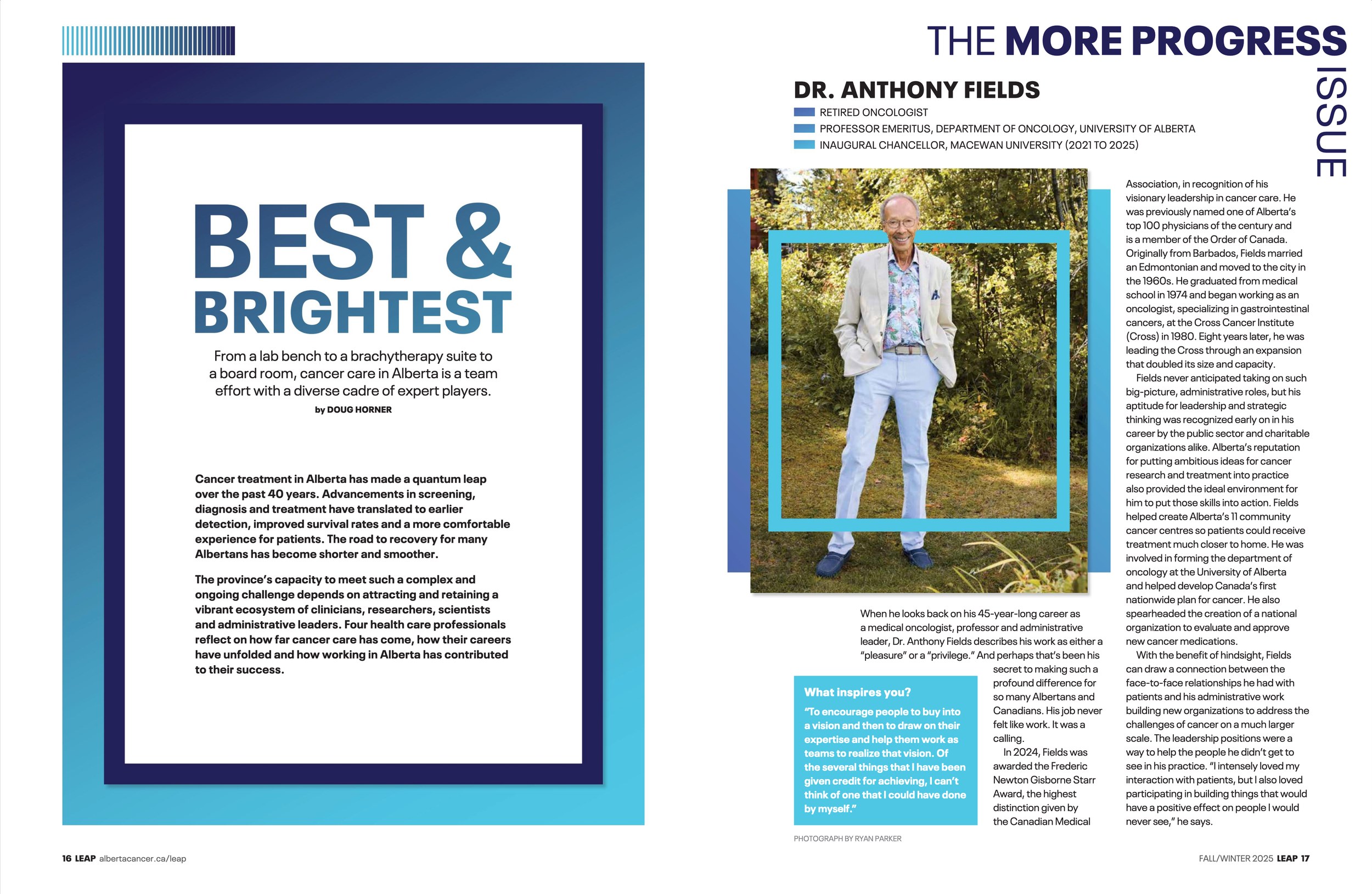 The opening spread, Best & Brightest: Dr. Anthony Fields standing in his garden, the story beside him