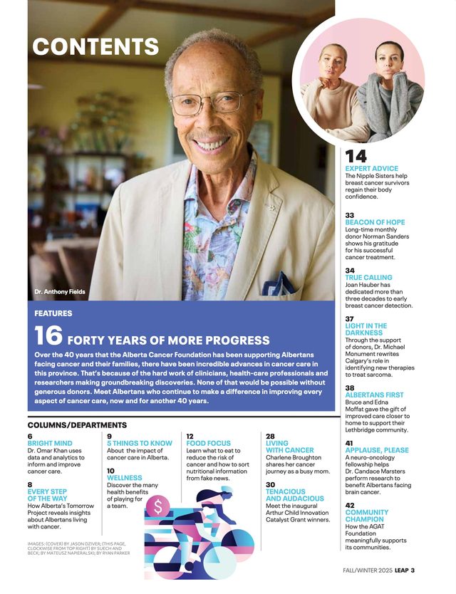 The contents page: Dr. Anthony Fields at home, smiling, above the listing for Forty Years of More Progress