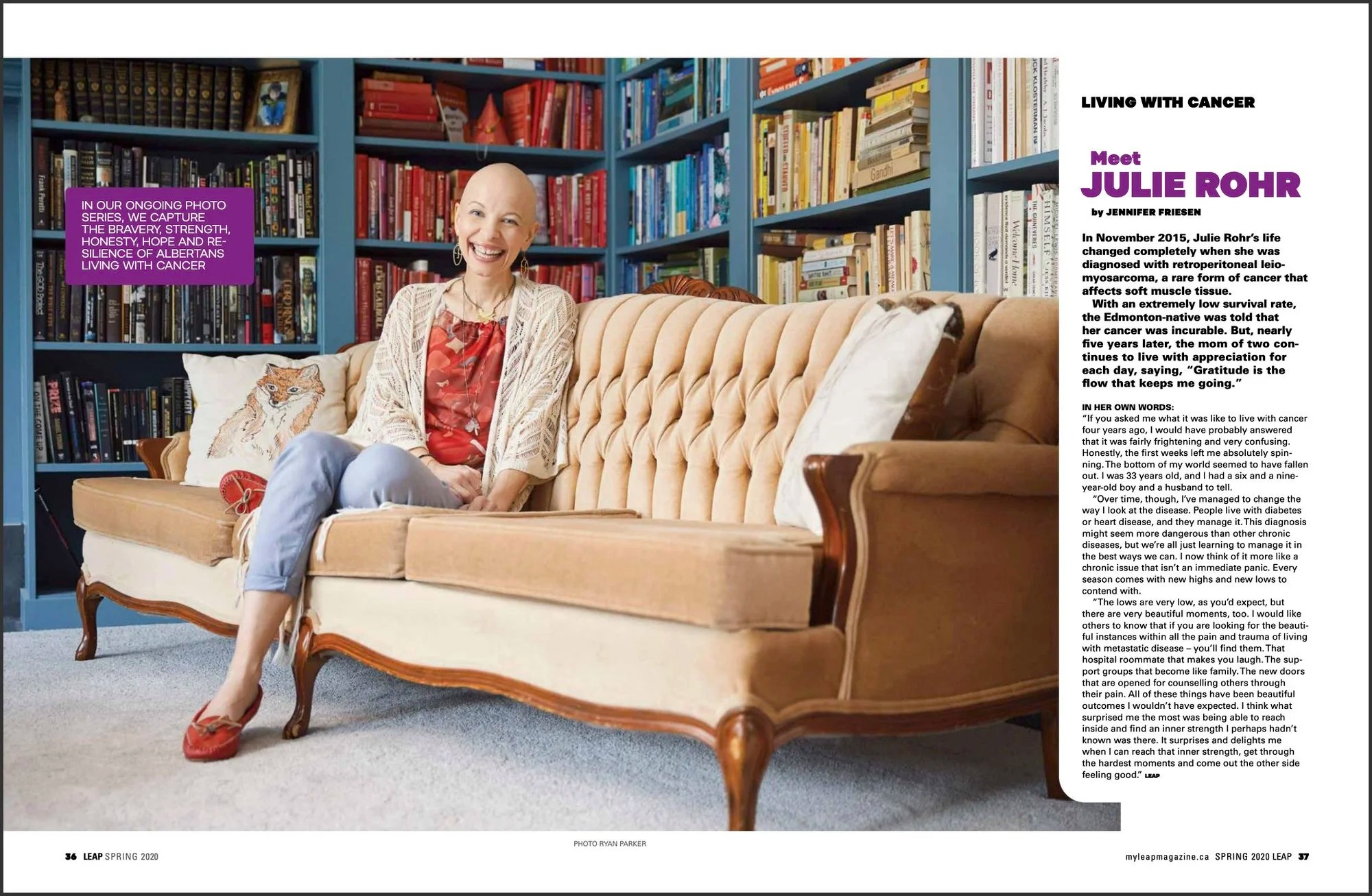 The feature spread, Meet Julie Rohr: the same portrait, wider, the bookshelves behind