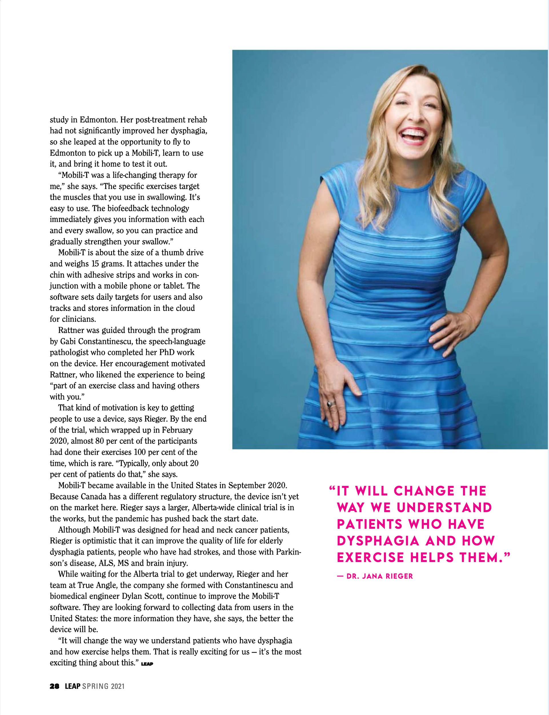 The third page: Dr. Rieger laughing in a blue dress against blue, a pull quote beside her
