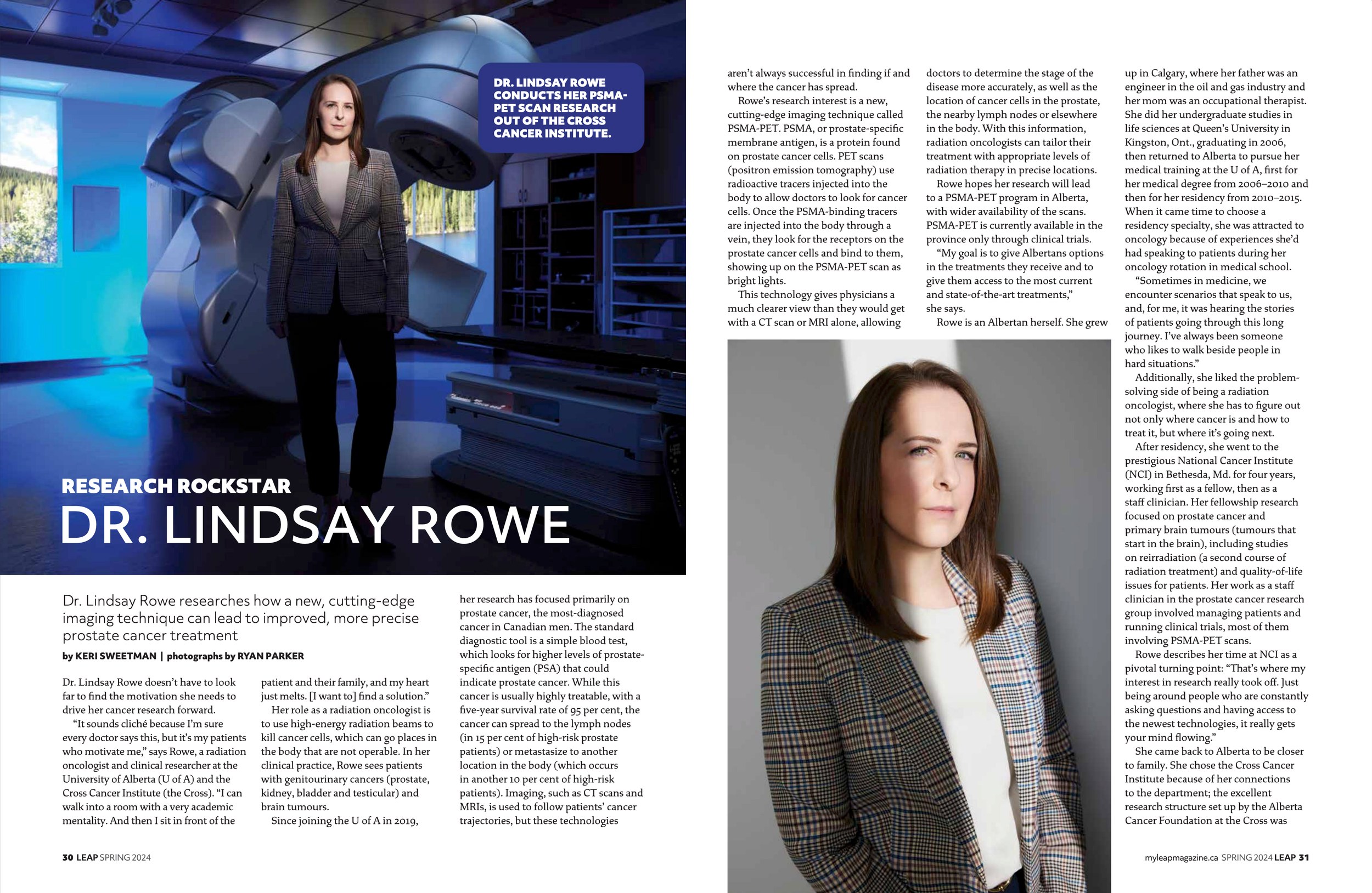The feature spread, Research Rockstar: Dr. Lindsay Rowe beside the machine, the story alongside