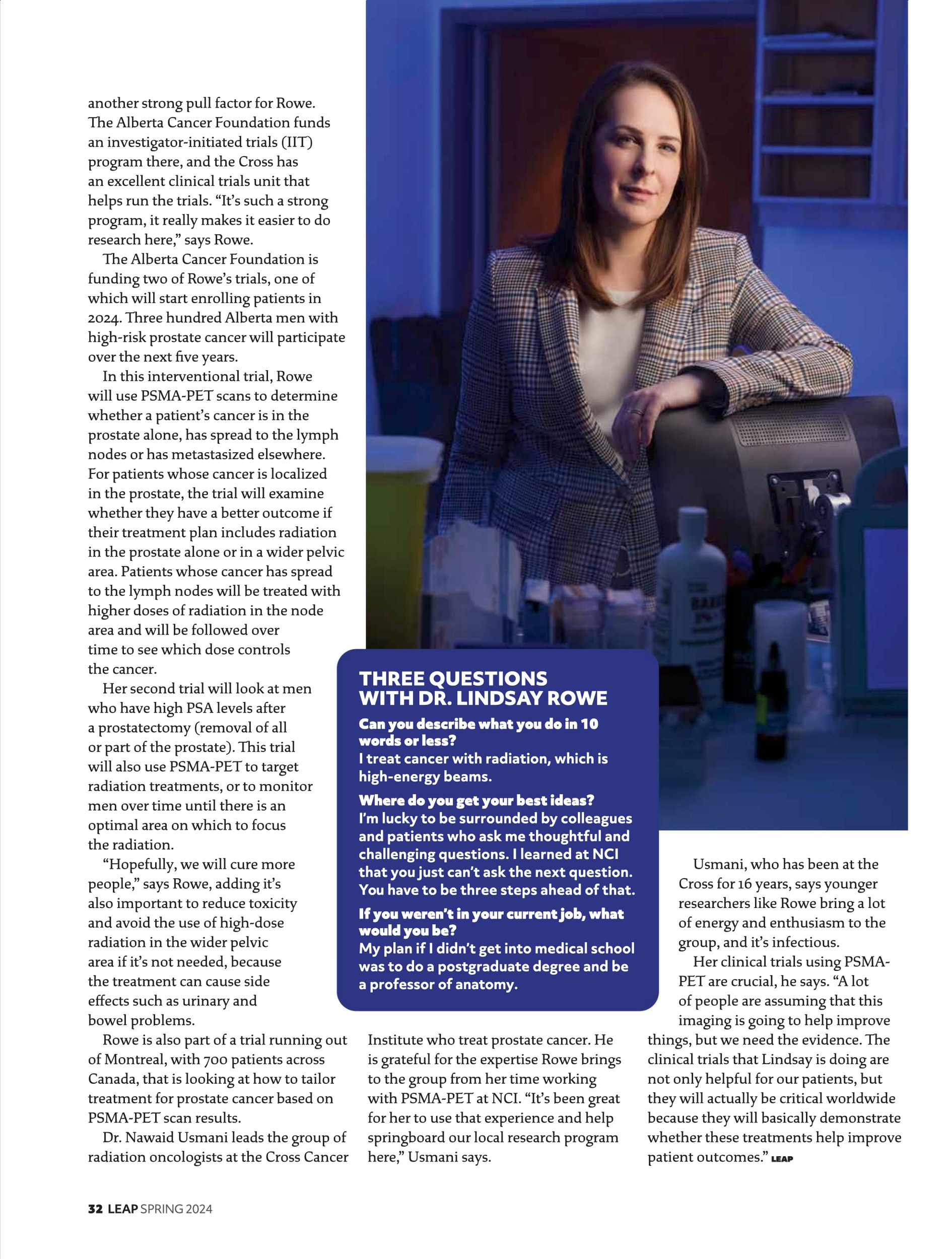 A second feature page, Dr. Rowe standing beside the imaging suite, three questions for her set below