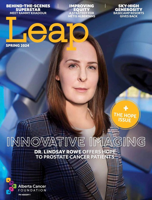 Leap magazine, Spring 2024: the cover, a physician in a grey blazer against the imaging suite