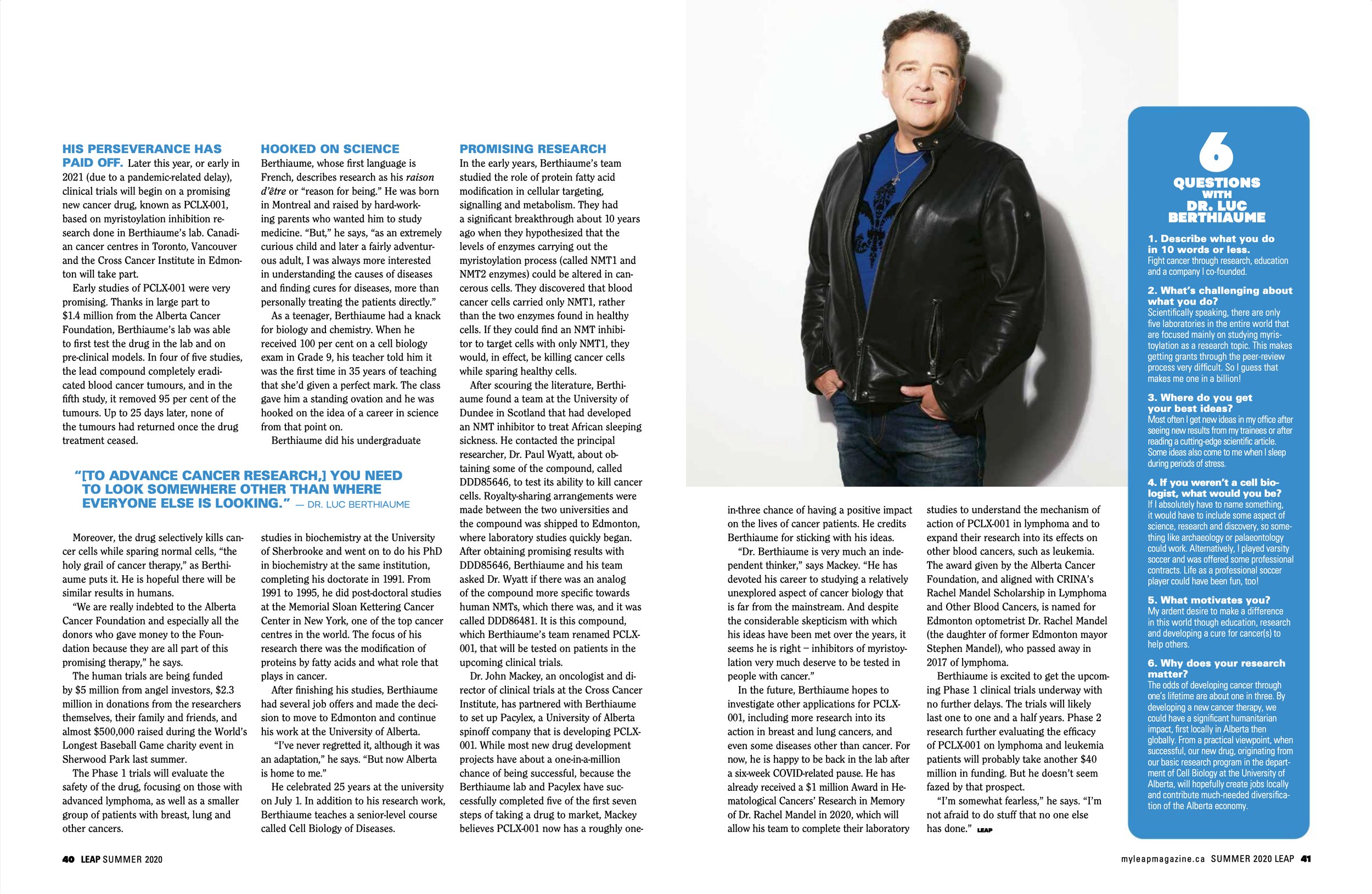 The story continued across two pages, a second portrait and six questions for Dr. Berthiaume set beside it