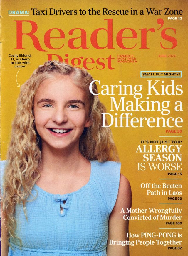 Reader’s Digest cover: a girl in a blue top, smiling, against yellow