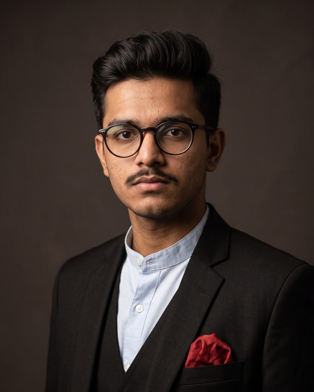 AI-generated face: a young man with dark hair, round glasses and a moustache, in a black suit with a red pocket square, against a dark background