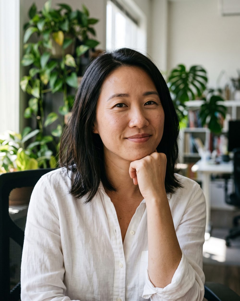 AI-generated face: a smiling woman with dark hair in a white shirt, her chin resting on her hand, in an office with plants