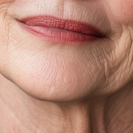 AI-generated face: a close-up of an AI-generated older woman’s lips and chin, covered in the same fine crackle of lines everywhere