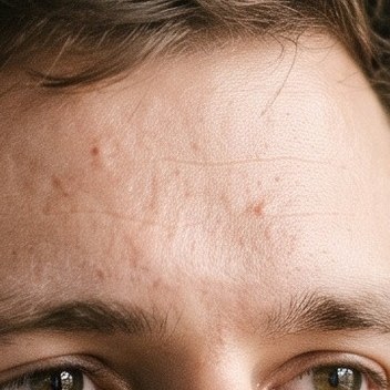 AI-generated face: a close-up of an AI-generated young man’s forehead and eyebrows