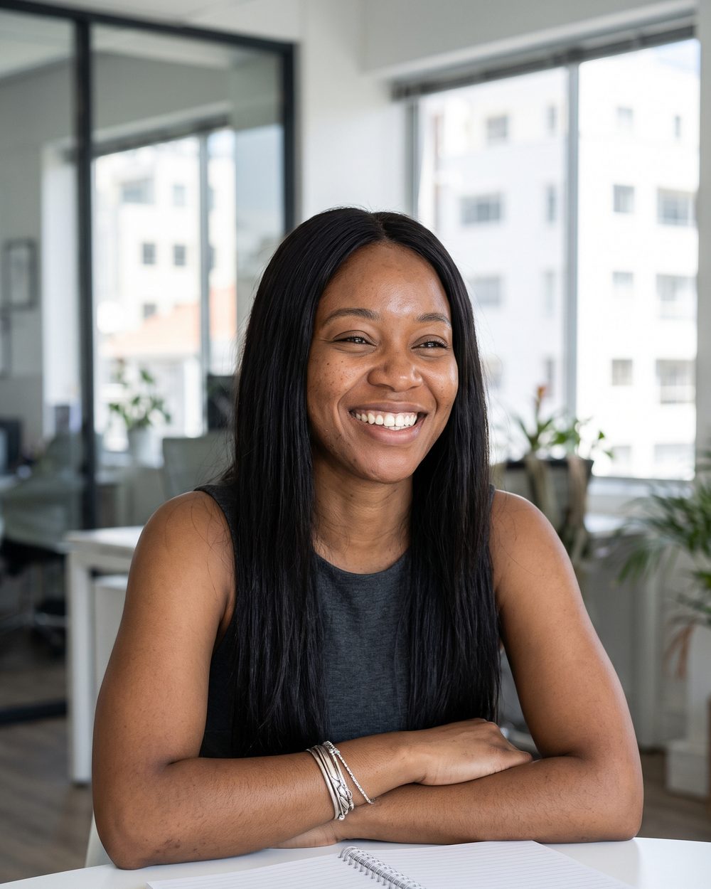 AI-generated face: a smiling woman with long dark hair leaning on a white desk by bright office windows
