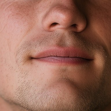 AI-generated face: a close-up of an AI-generated young man’s mouth and chin, with evenly spread stubble