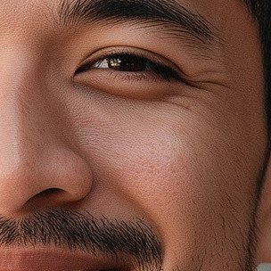 AI-generated face: a close-up of an AI-generated smiling man’s eye and cheek