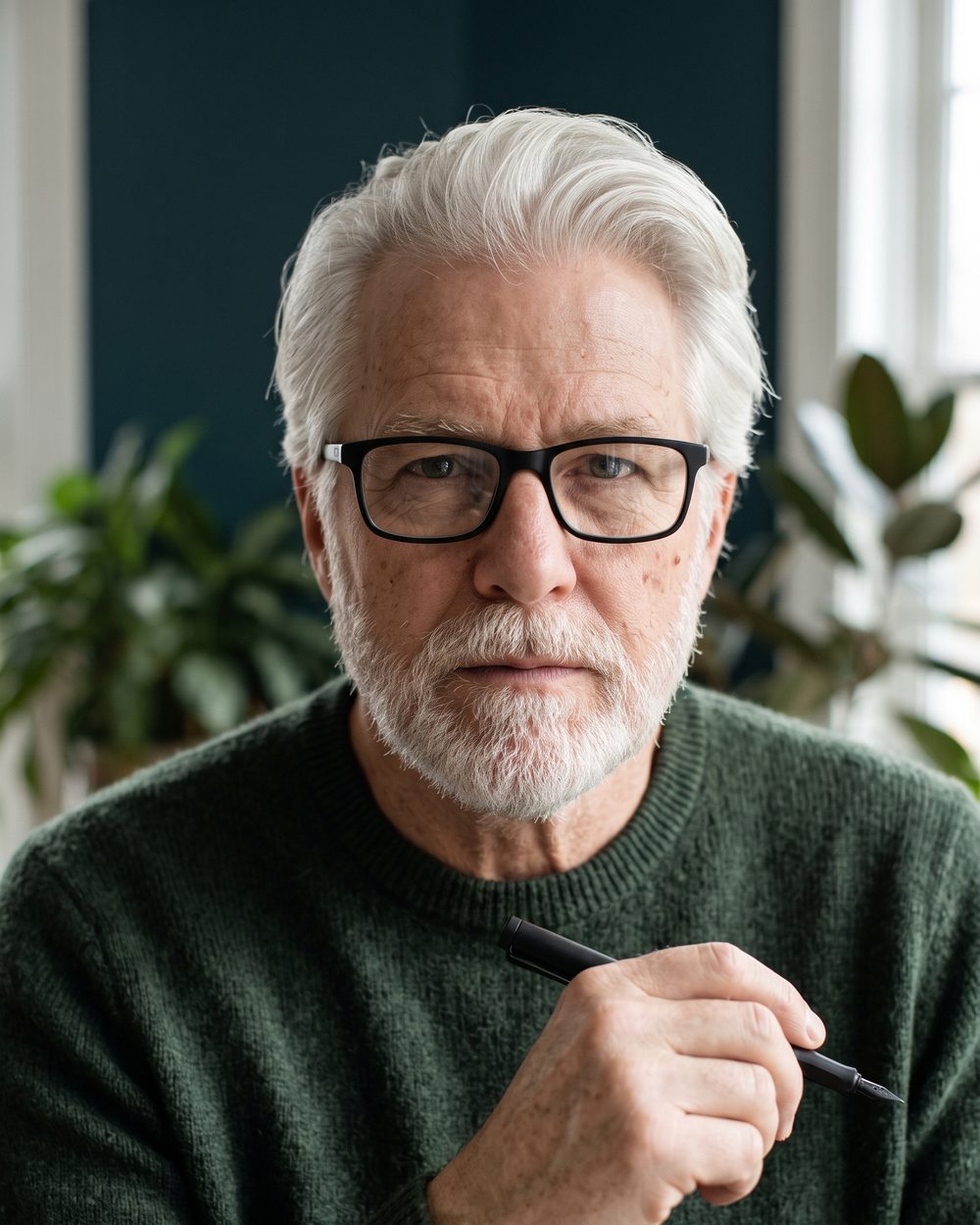 AI-generated face: an older man with white hair and a white beard, black glasses and a dark green sweater, holding a pen